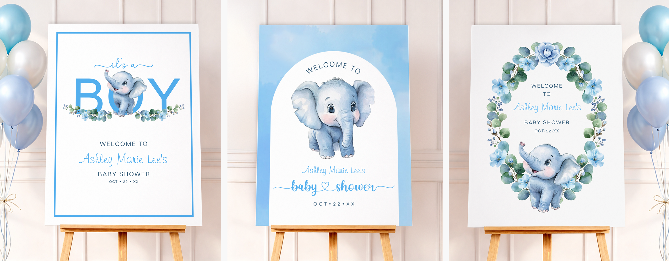 Blue elephant baby shower welcome sign ideas with watercolor designs on easels for baby boy shower decor