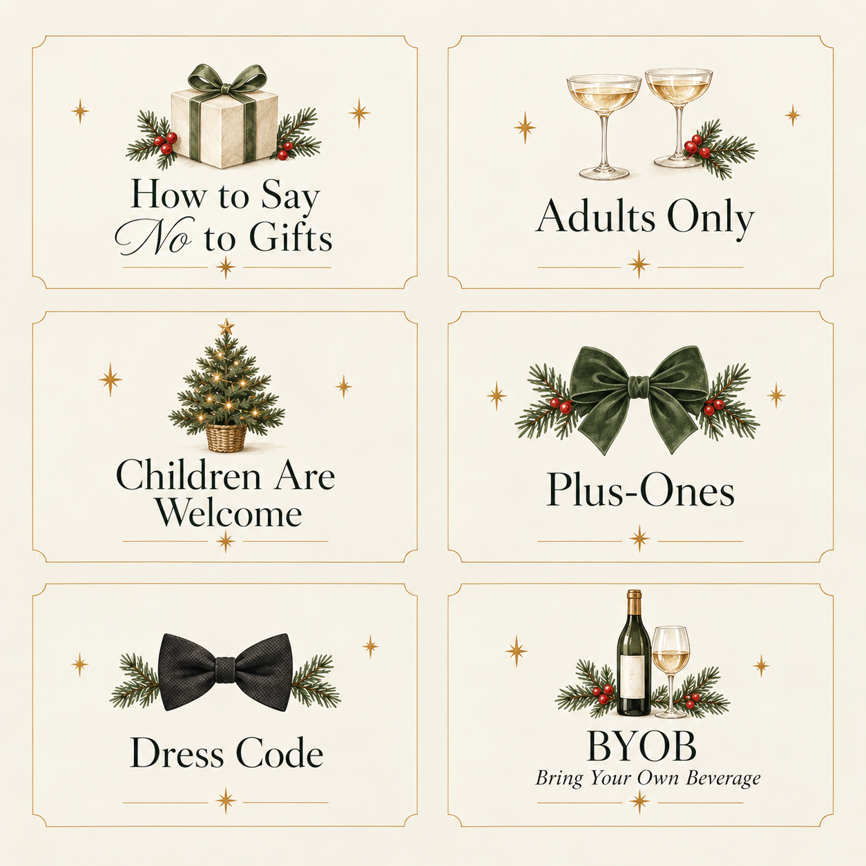Holiday invitation wording infographic showing six common details: how to say no to gifts, adults only, children are welcome, plus-ones, dress code, and BYOB meaning bring your own beverage.
