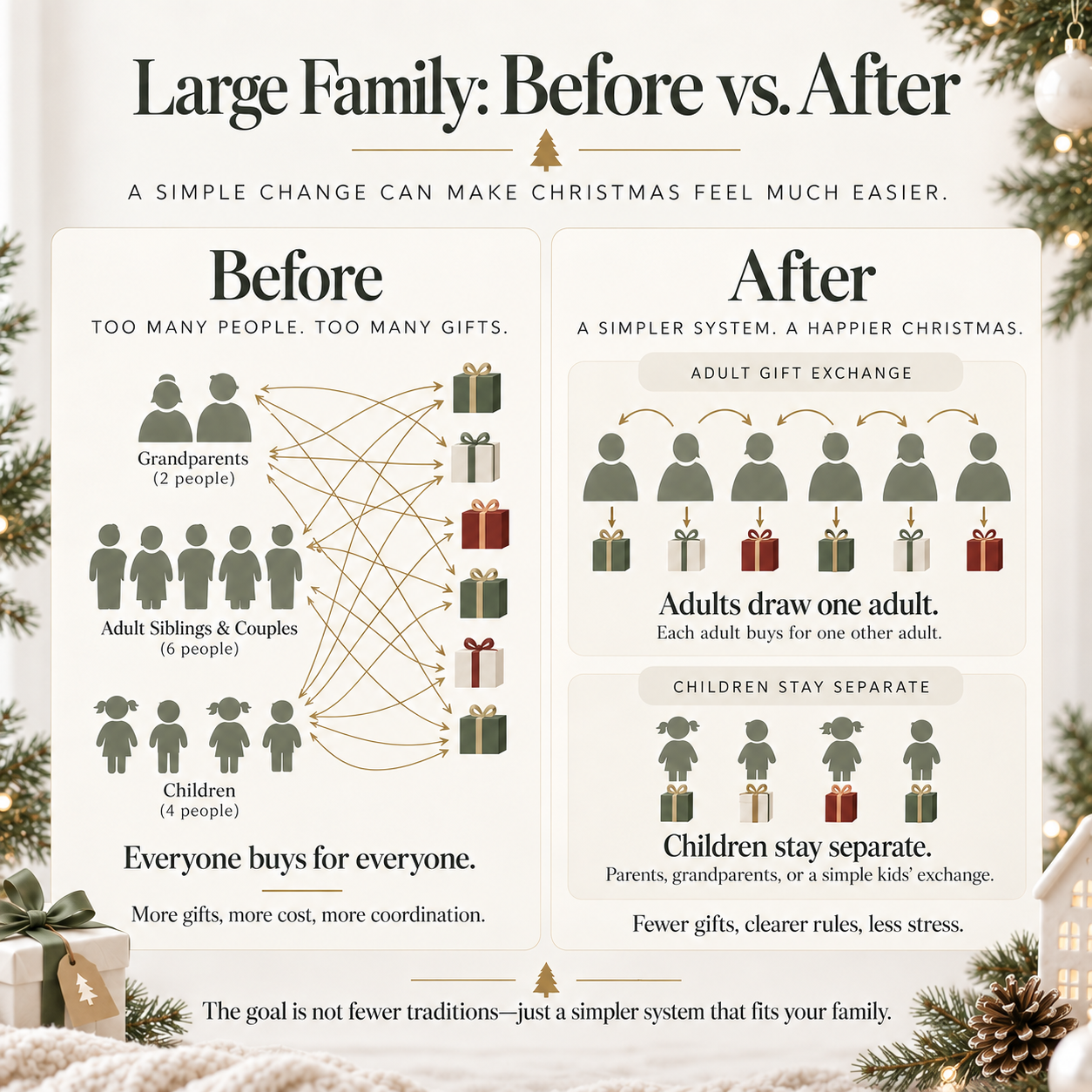 Before-and-after Christmas gift exchange infographic showing a large family moving from everyone buying for everyone to adults drawing one adult name while children stay separate.