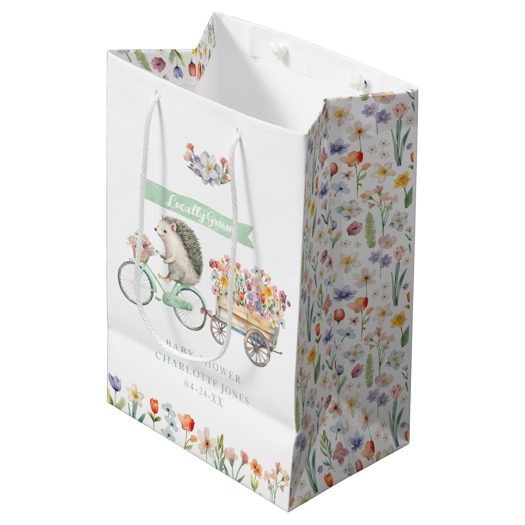 baby shower favor bags and tags with watercolor floral hedgehog design