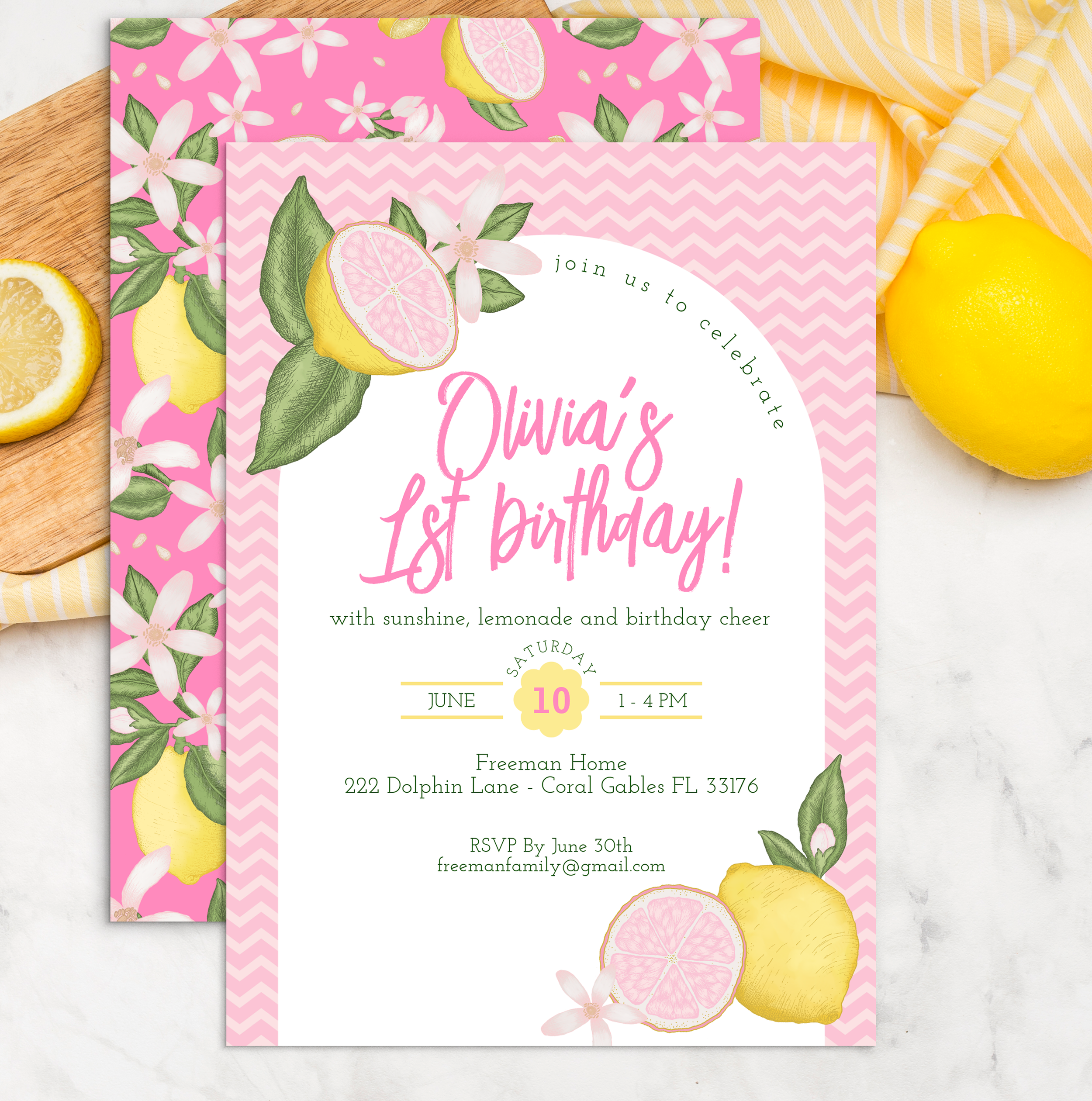 pink lemonade first birthday invitation citrus lemon party invite summer birthday