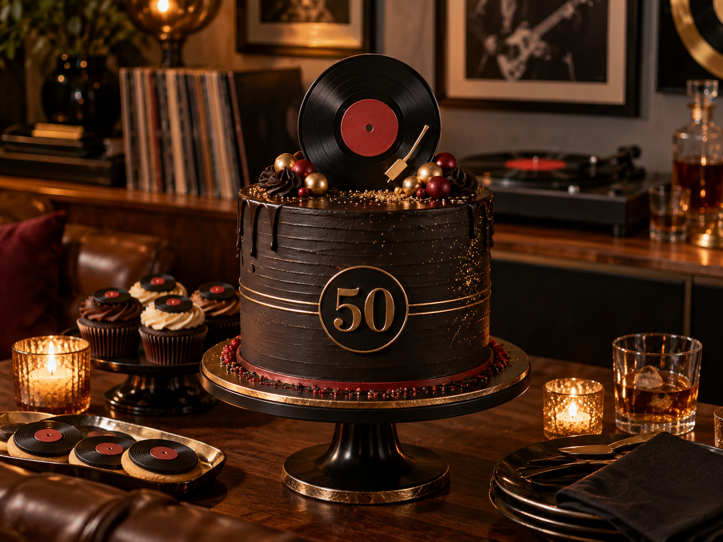 Black vinyl record 50th birthday cake with red and gold accents, record topper, matching cupcakes, cookies, candlelight, and retro music-themed party decor.