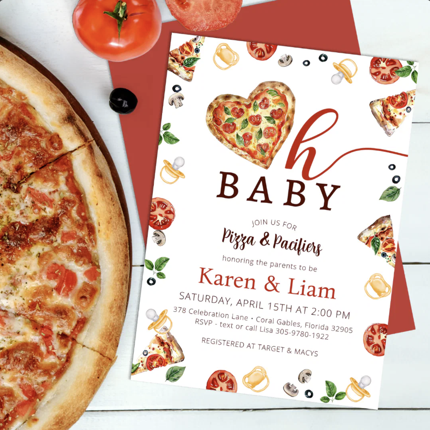 Pizza baby shower invitation with heart slice design