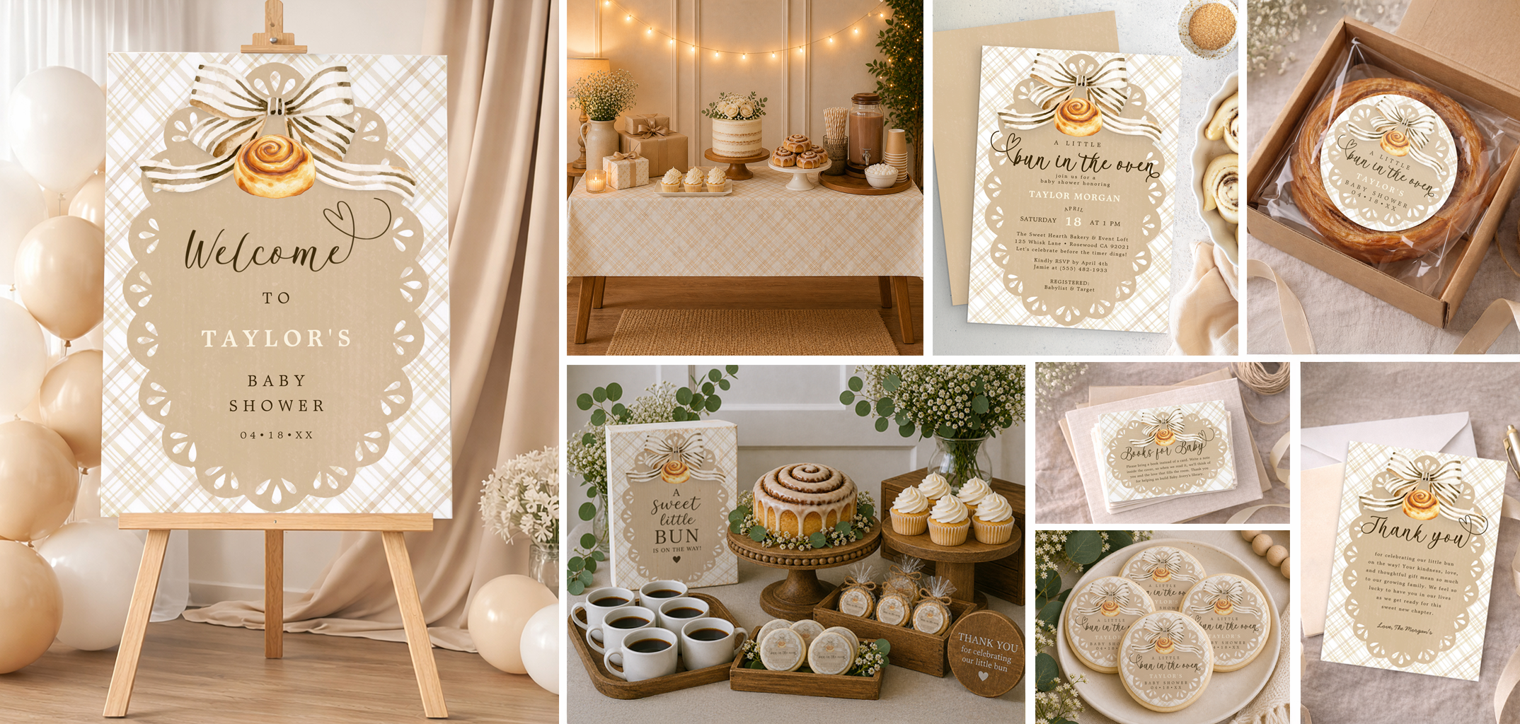 Bun in the Oven baby shower collection with invitation, welcome sign, dessert table, books-for-baby card, favor cookies, and thank-you card in neutral beige tones.