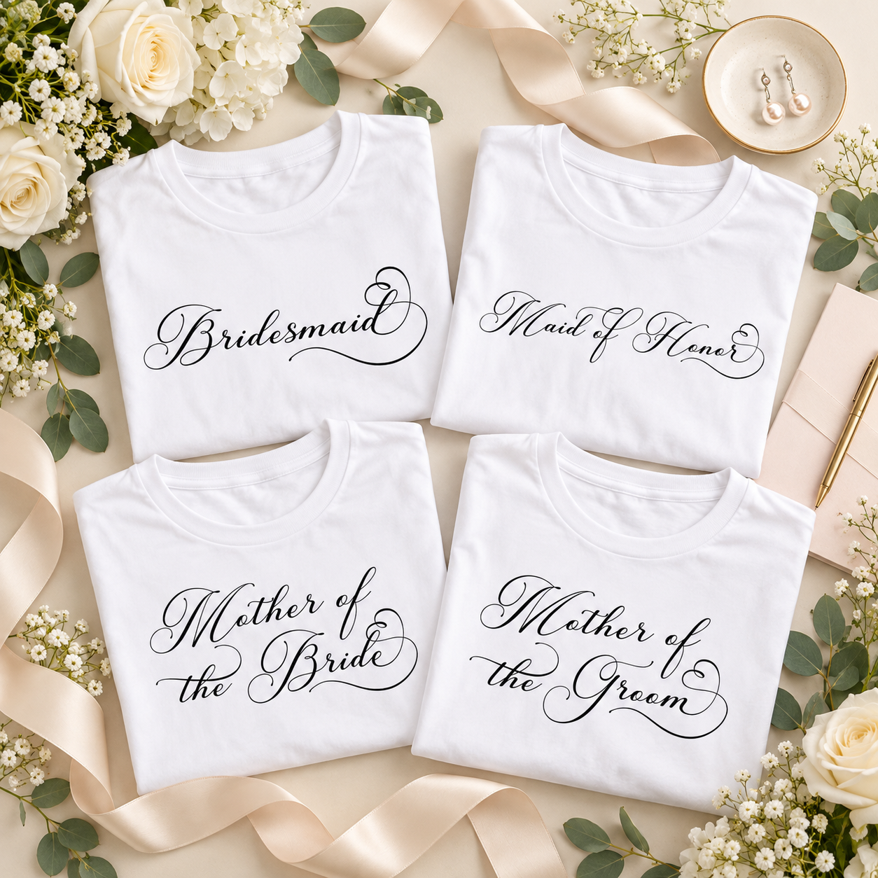 Flat lay of four folded white bridal party t-shirts labeled Bridesmaid, Maid of Honor, Mother of the Bride, and Mother of the Groom, styled with ivory flowers, greenery, satin ribbon, and bridal accessories.