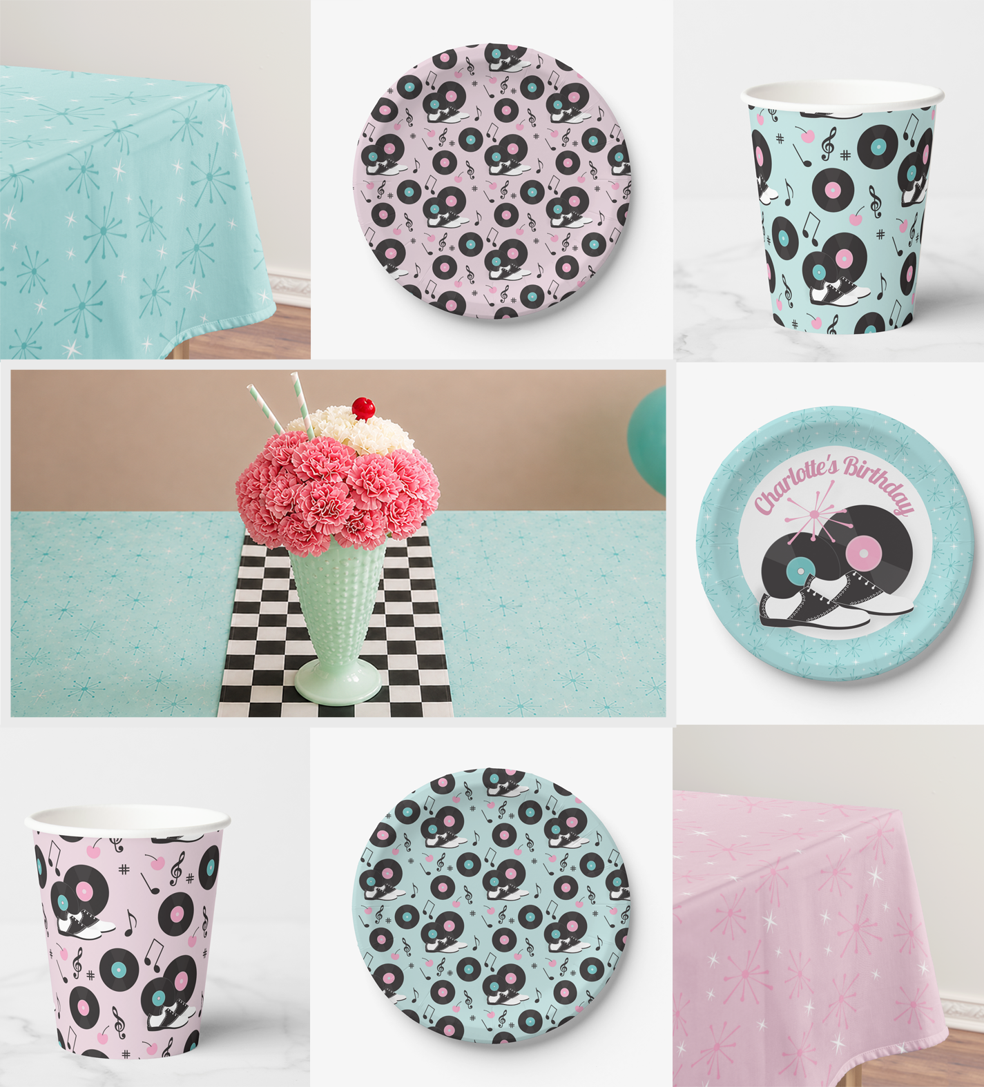 Collage of pink and turquoise sock hop tableware, atomic-starburst tablecloths, record-patterned plates and cups, and a carnation milkshake centerpiece.