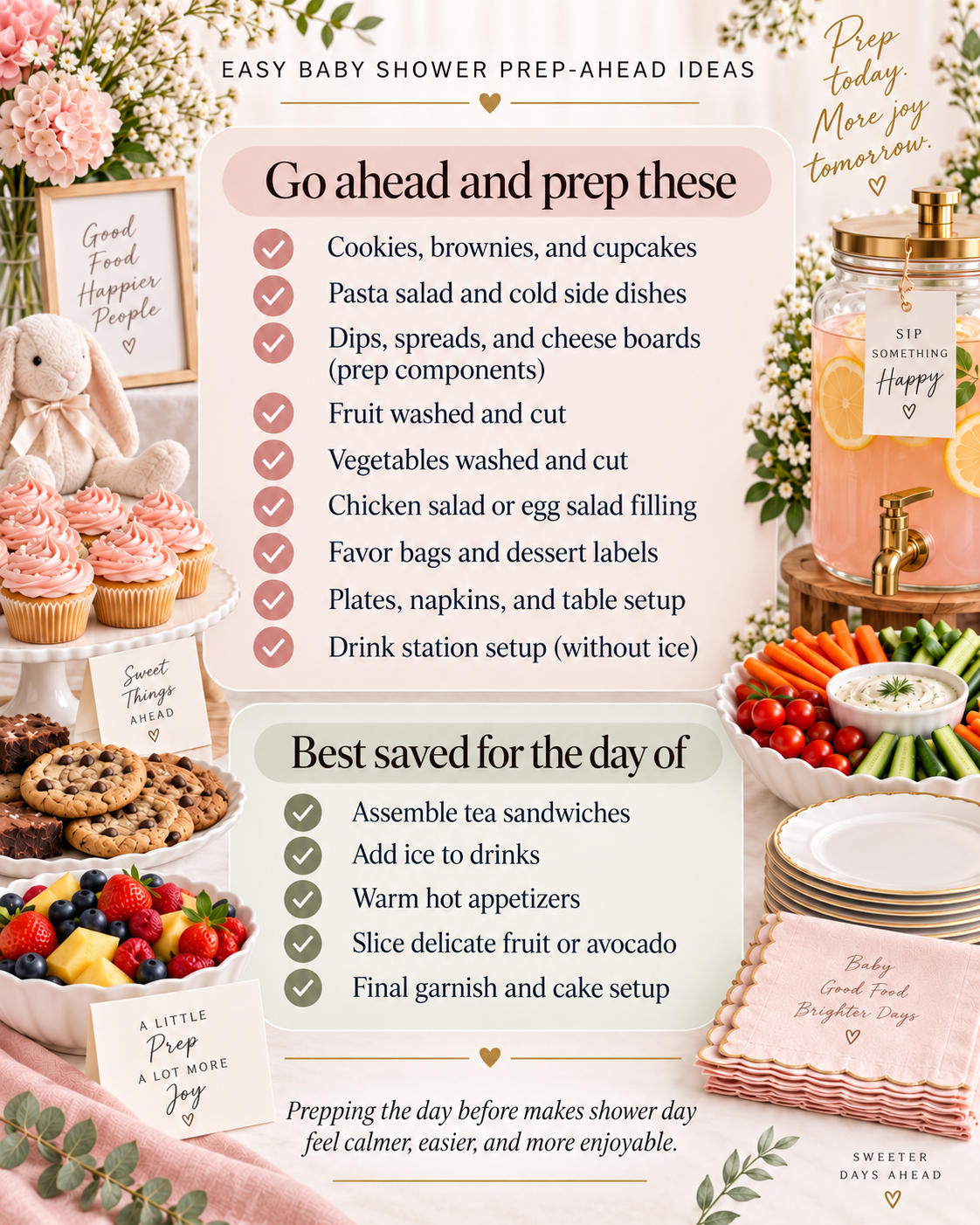 Baby shower prep-ahead checklist showing foods and tasks to prepare the day before, including desserts, dips, fruit, vegetables, table setup, and drinks, plus day-of tasks like sandwiches, ice, hot appetizers, and final garnishes.