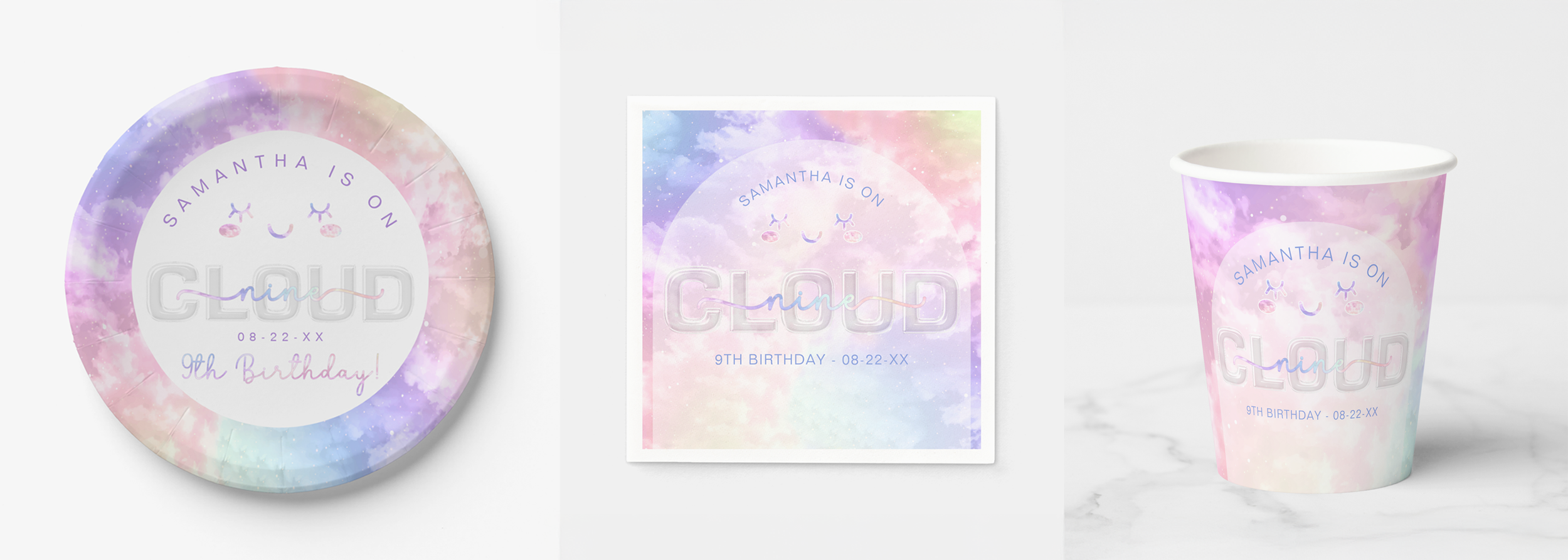 Cloud Nine birthday party tableware set including pastel cloud themed plates, napkins, and cups for a dreamy sky birthday celebration