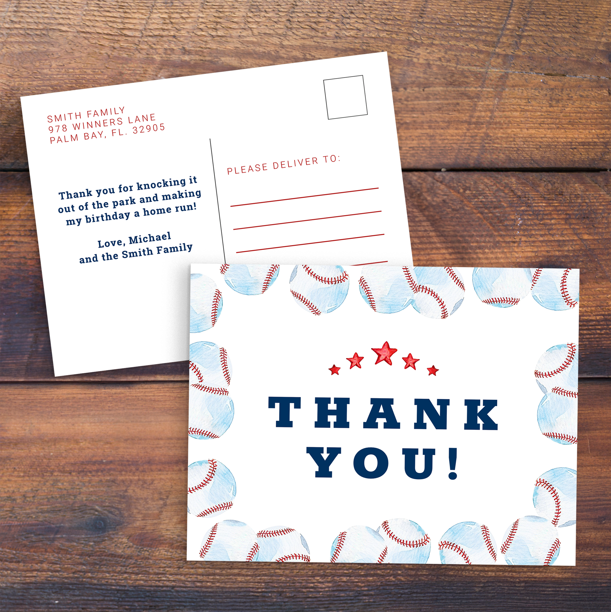 Watercolor baseball thank you card for boys birthday party