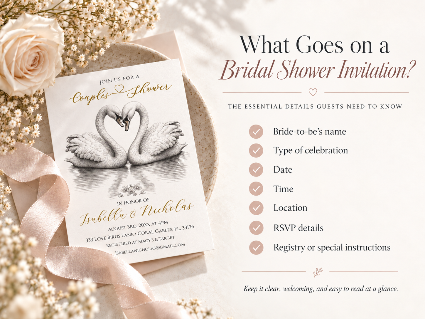 Bridal shower invitation checklist showing the bride-to-be’s name, type of celebration, date, time, location, RSVP details, and registry or special instructions beside a swan couples shower invitation.