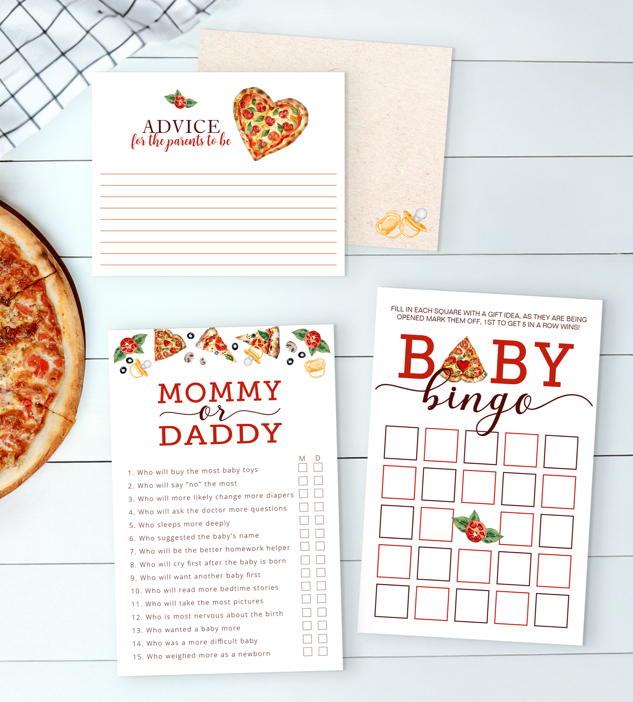 Printed pizza baby shower game cards featuring Baby Bingo, Mommy or Daddy quiz, and Advice for Parents-to-Be in a heart pizza theme.