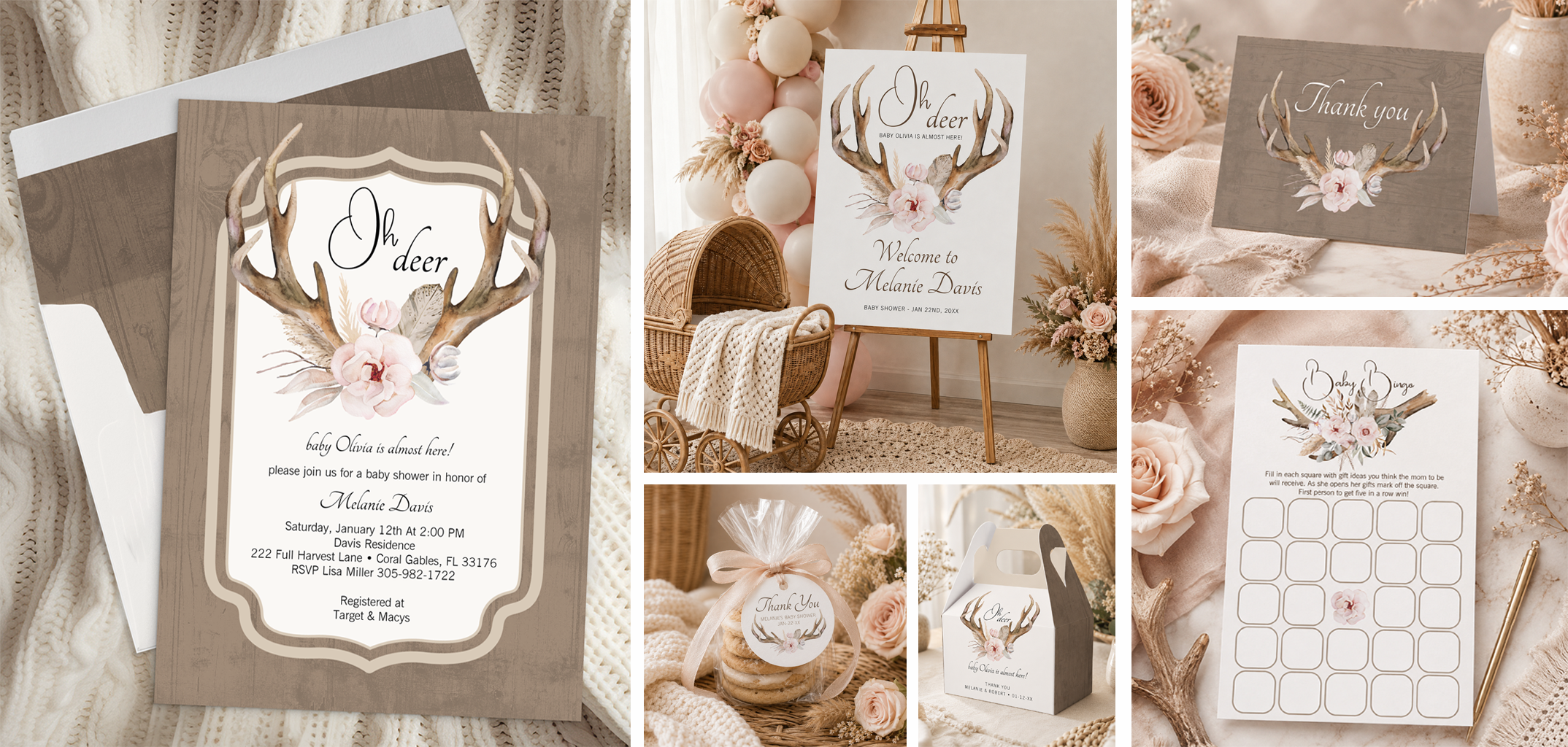 Oh Deer woodland baby shower collection with blush florals, antlers, invitation, welcome sign, bingo game, favor box, and thank-you details.