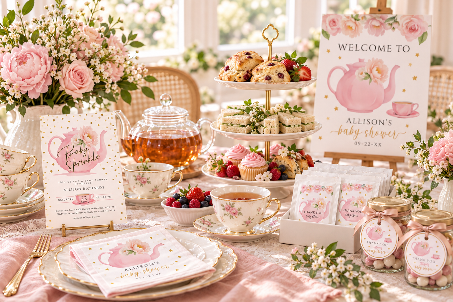 Pink tea party baby shower brunch with scones, tea sandwiches, floral teacups, a matching invitation, welcome sign, napkin, tea favors, and small thank-you jars.
