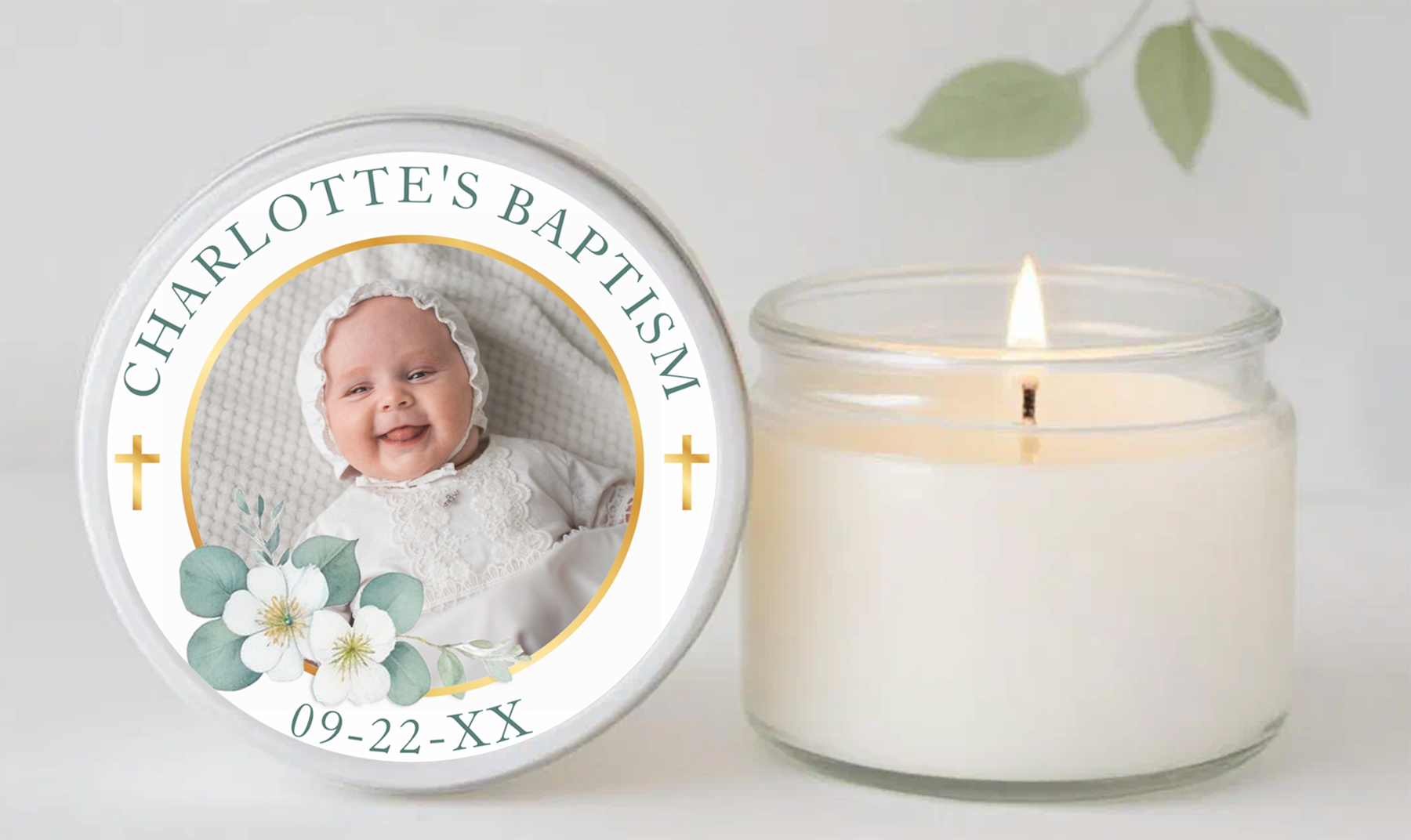 Personalized baptism favor sticker with baby photo, gold cross accents, and soft floral greenery design.