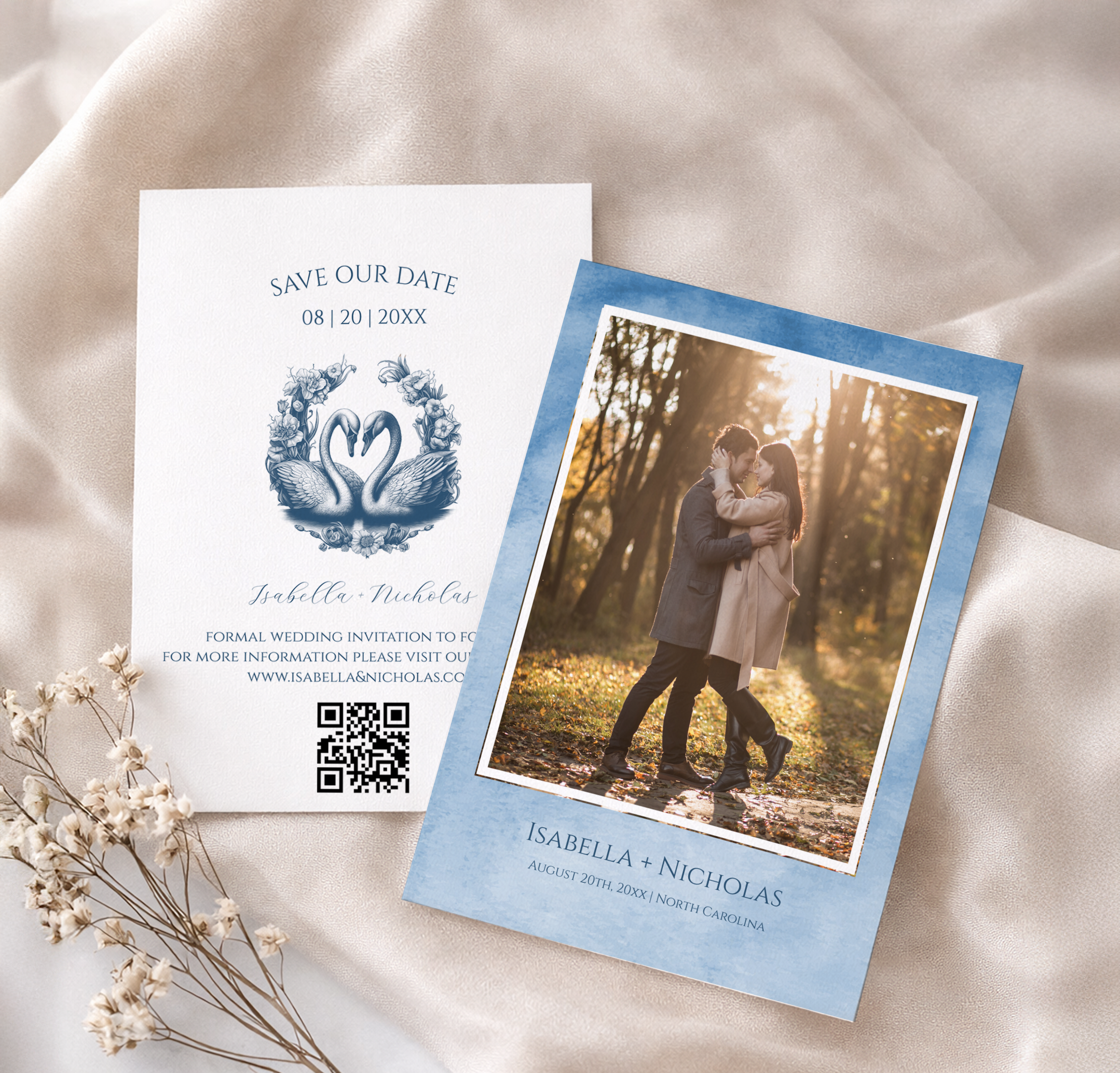 Dusty blue swan photo save the date card featuring a romantic couple portrait with soft neutral styling and elegant script typography.