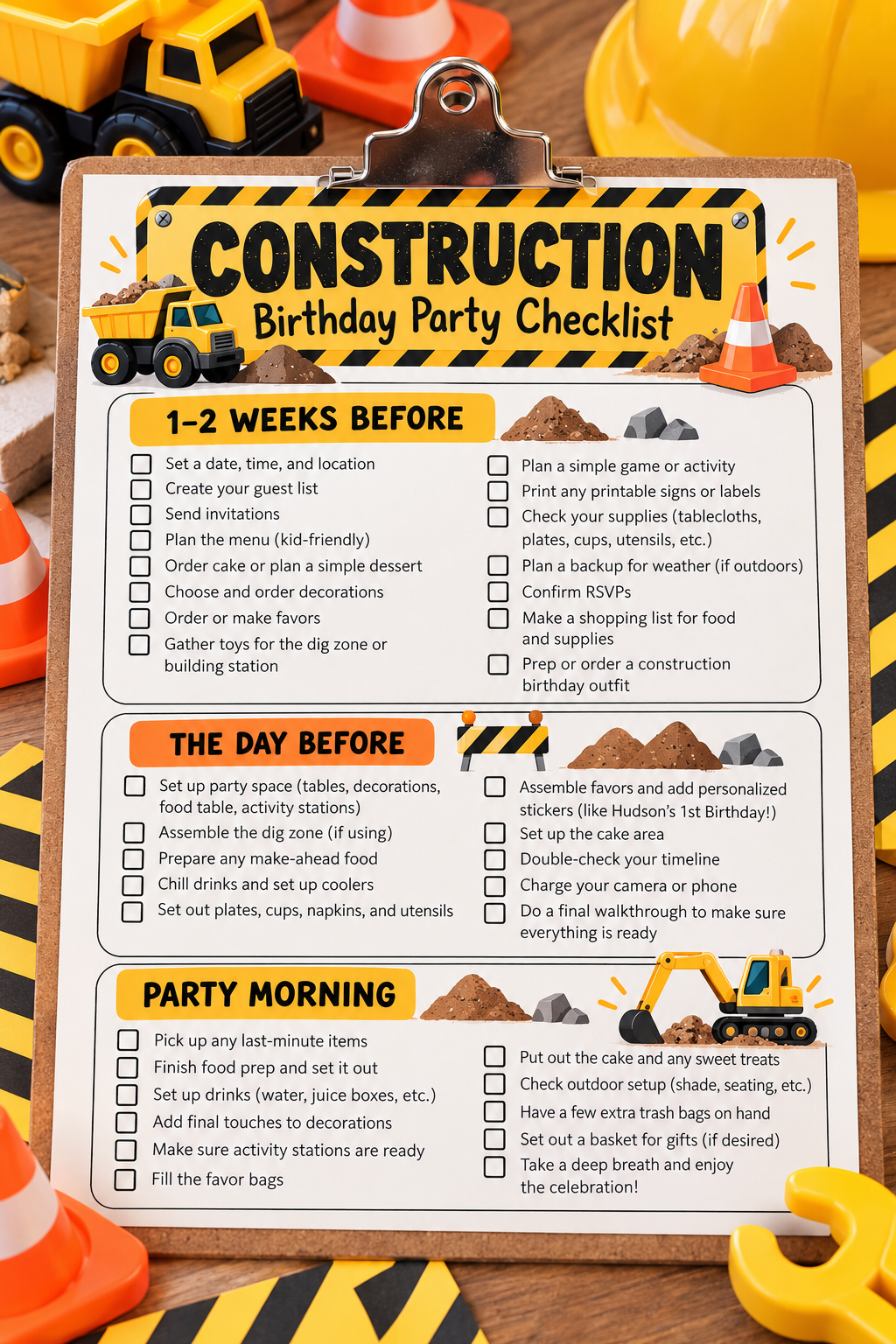 Construction birthday party checklist with sections for one to two weeks before, the day before, and party morning, decorated with toy dump trucks, traffic cones, dirt piles, and yellow-and-black construction details.