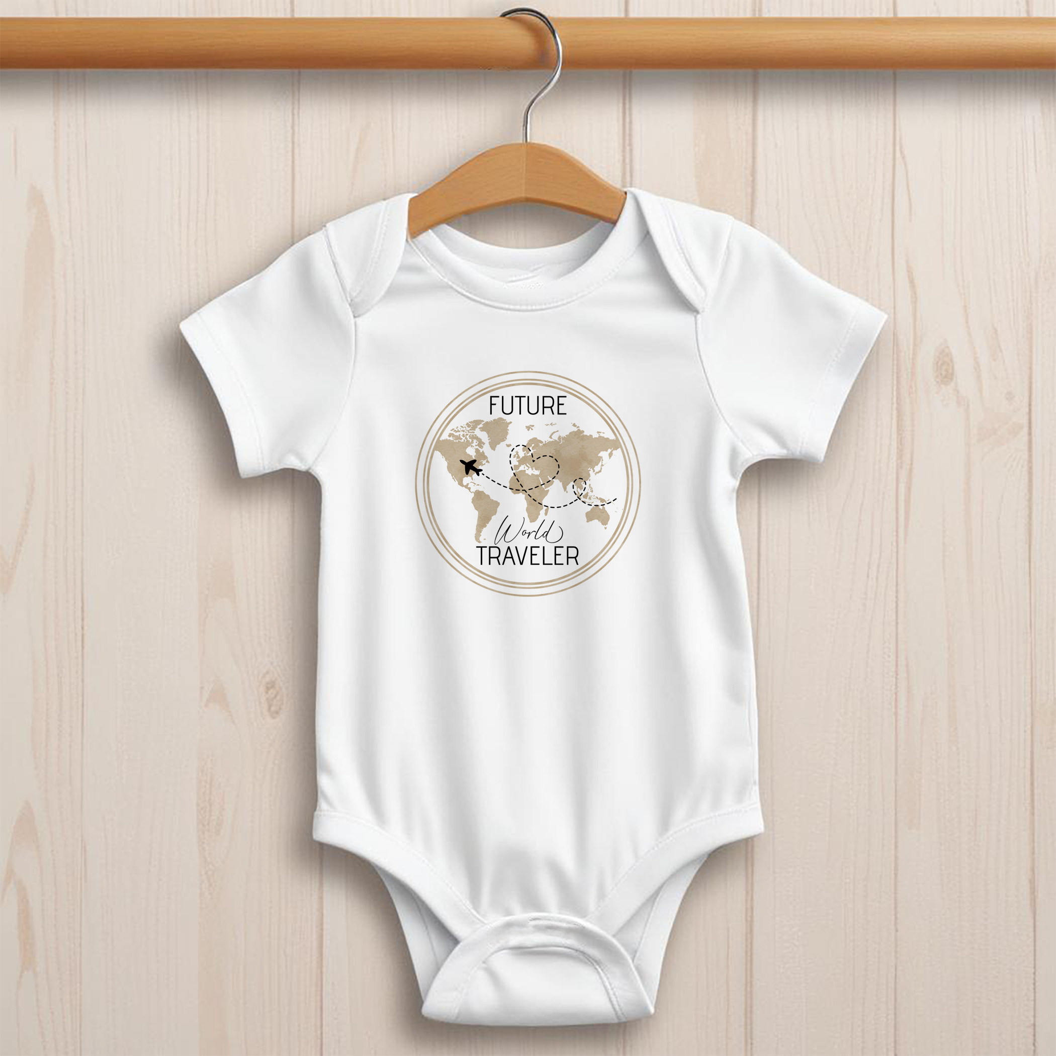 Future World Traveler baby bodysuit with world map travel theme design for Little Explorer baby shower.