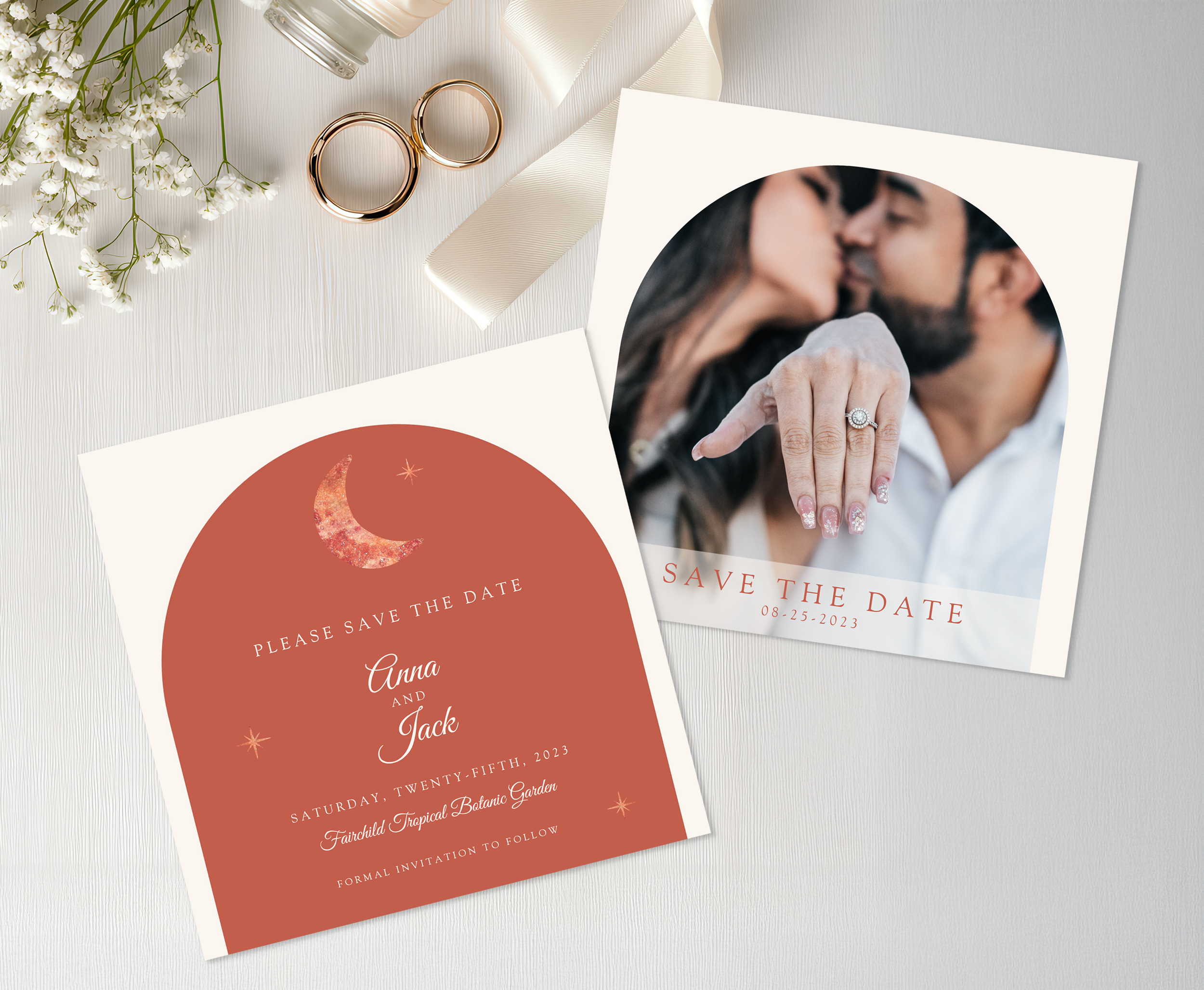 Terracotta moon phase save the date card for celestial themed wedding