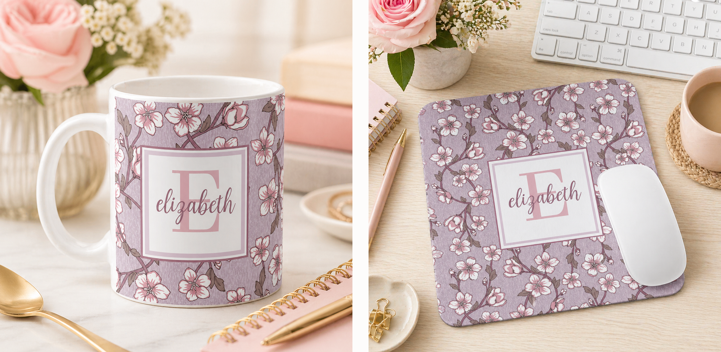 Side-by-side image featuring a personalized floral monogram mug and matching floral mouse pad with custom name, styled in a feminine workspace setting with flowers, keyboard, coffee cup, and stationery.