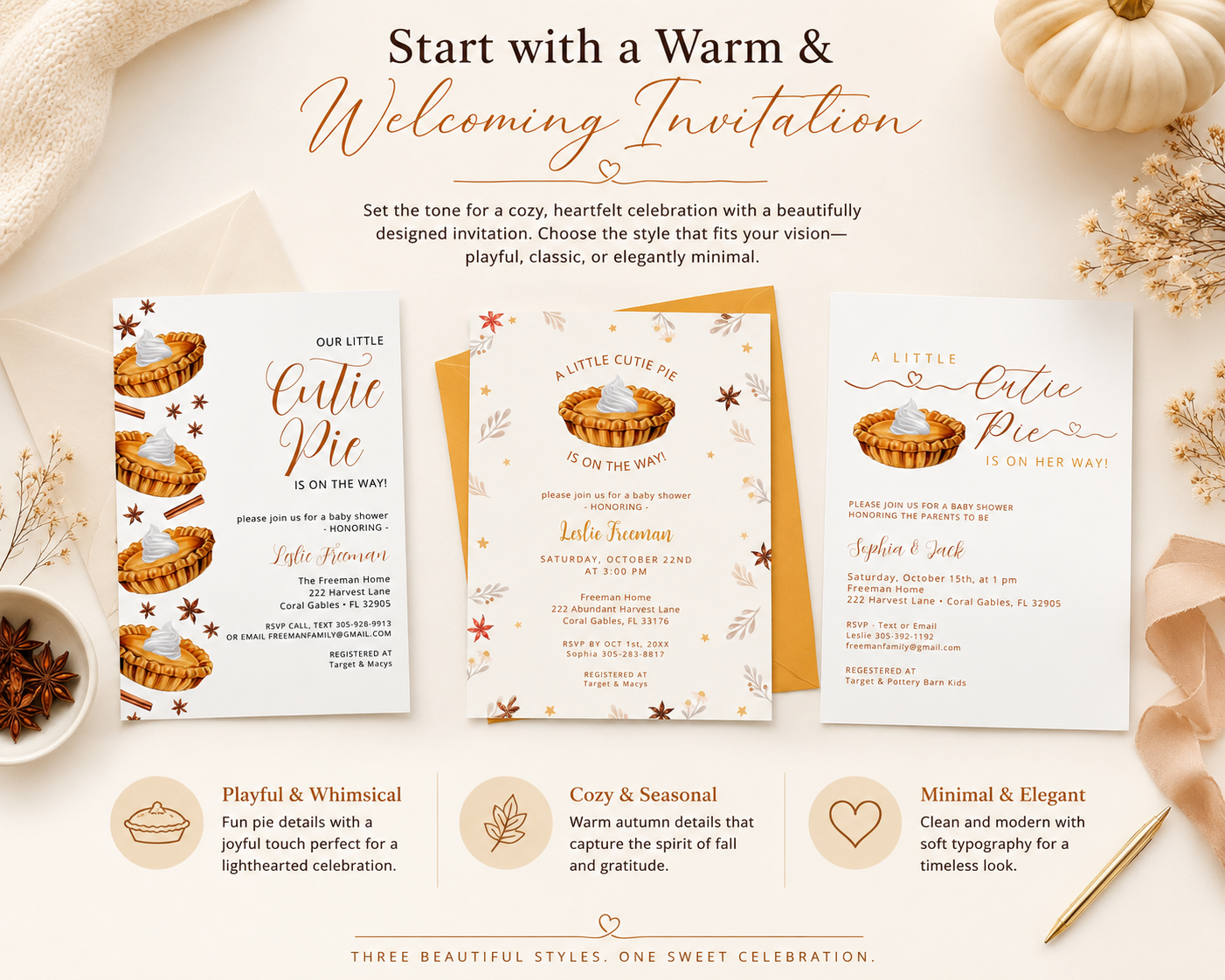Editorial flat lay featuring three 5x7 Cutie Pie Thanksgiving baby shower invitations styled with warm autumn decor, pumpkins, dried florals, envelopes, and cozy neutral textures in a soft fall color palette.