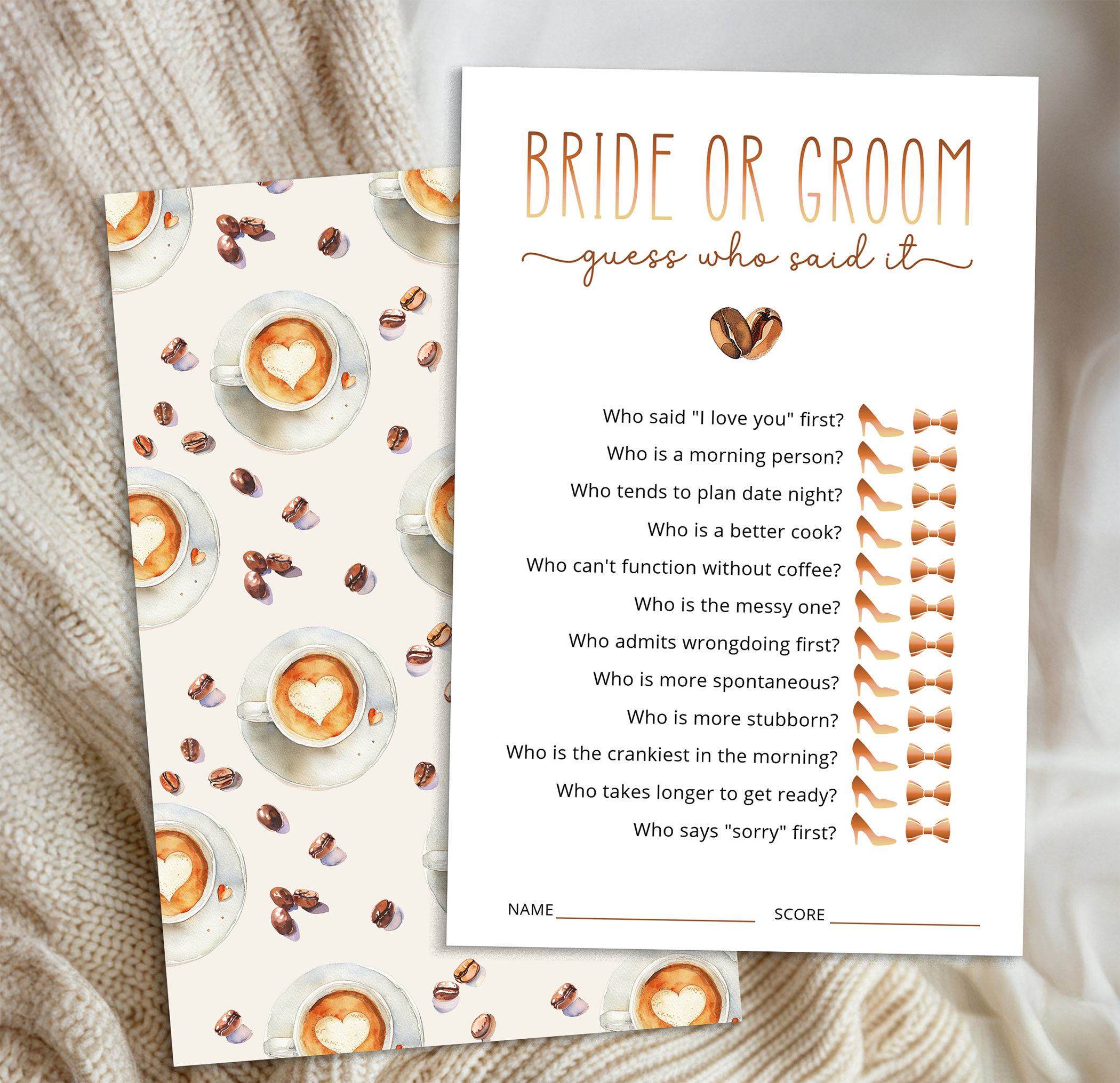 Bride or Groom guess who said it bridal shower game in coffee theme