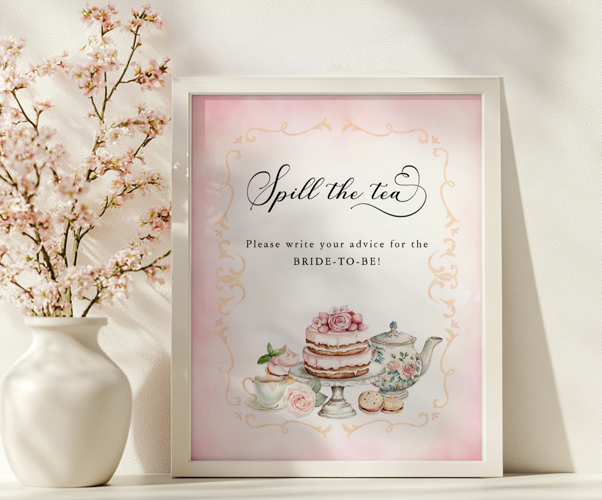 Spill the Tea bridal shower advice sign with vintage tea party theme
