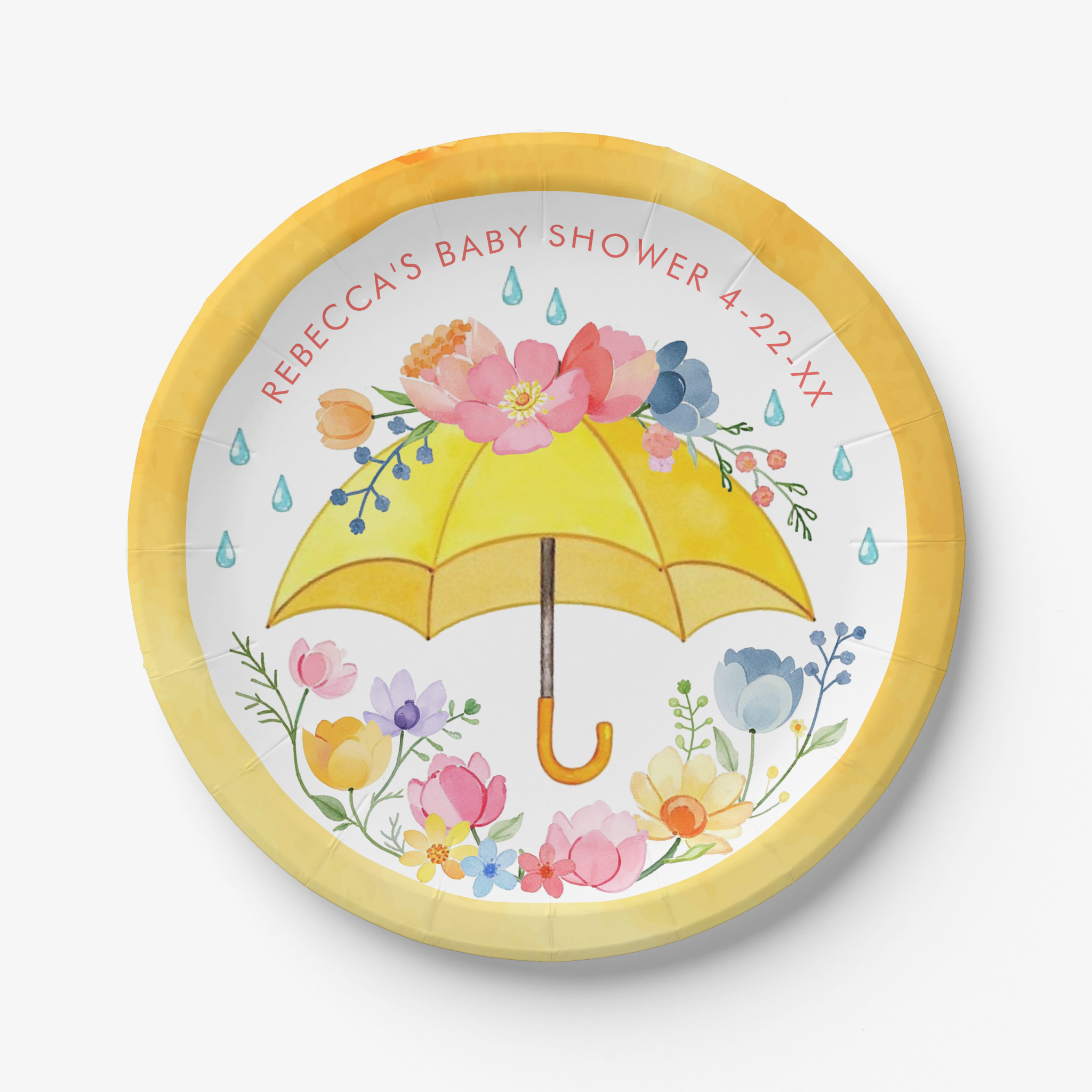 Yellow umbrella floral baby shower paper plates