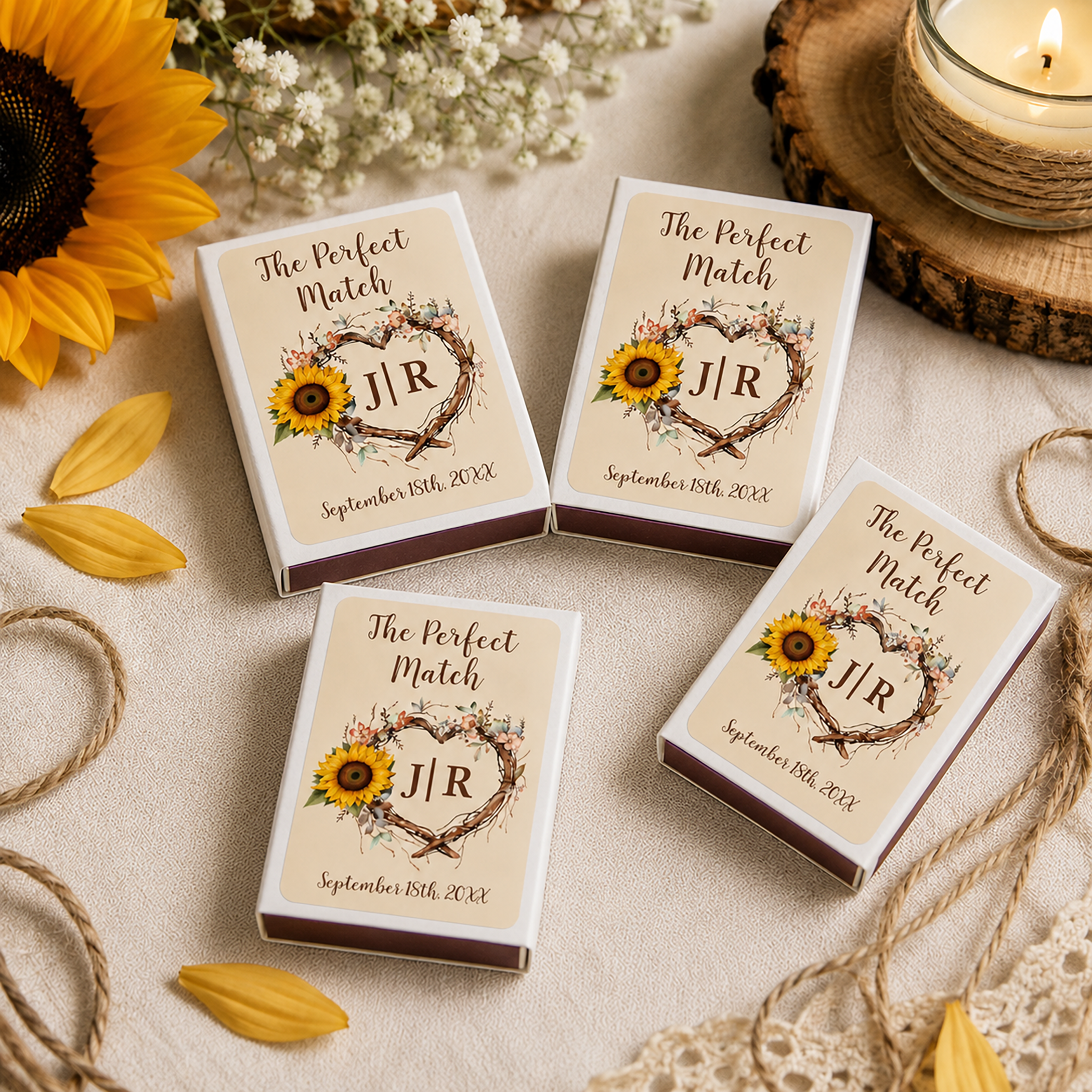 Rustic sunflower wedding matchbox favors personalized with a floral monogram and wedding date, styled with sunflowers, baby’s breath, wood slices, and natural twine.