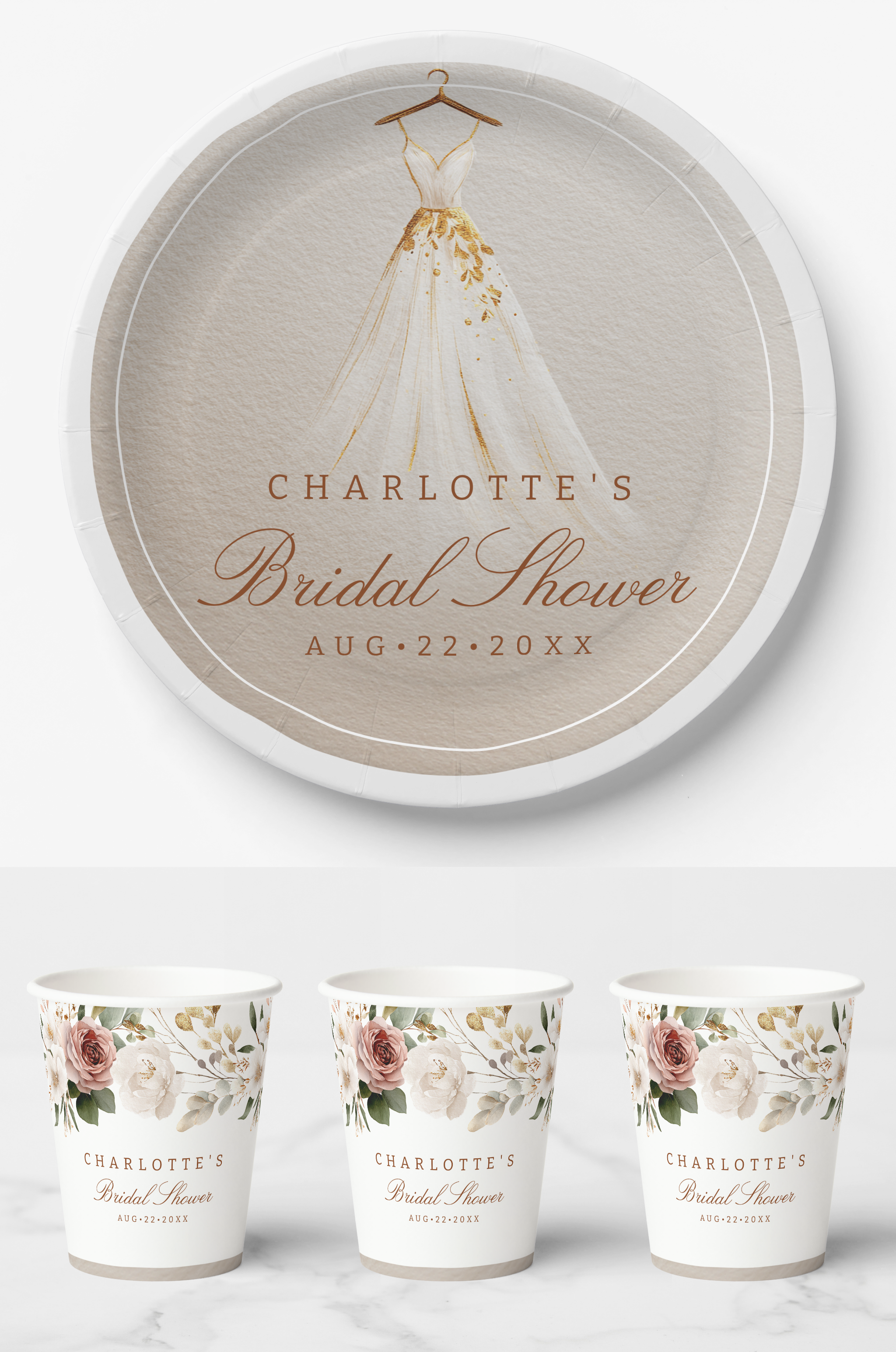 Elegant fall bridal shower paper cups in ivory and gold with floral details and personalized bridal shower name text