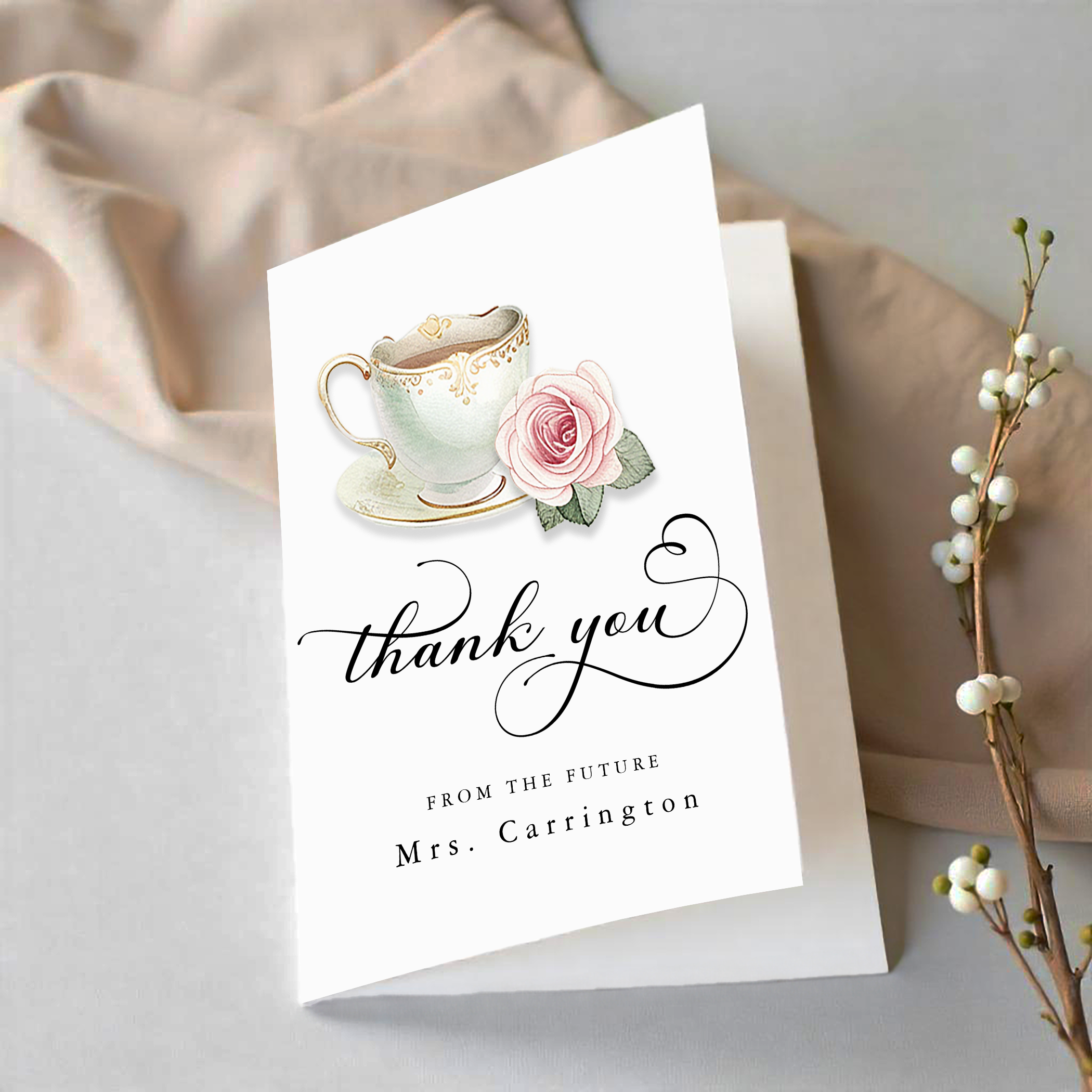 Future Mrs bridal shower thank you card with elegant teacup and floral design
