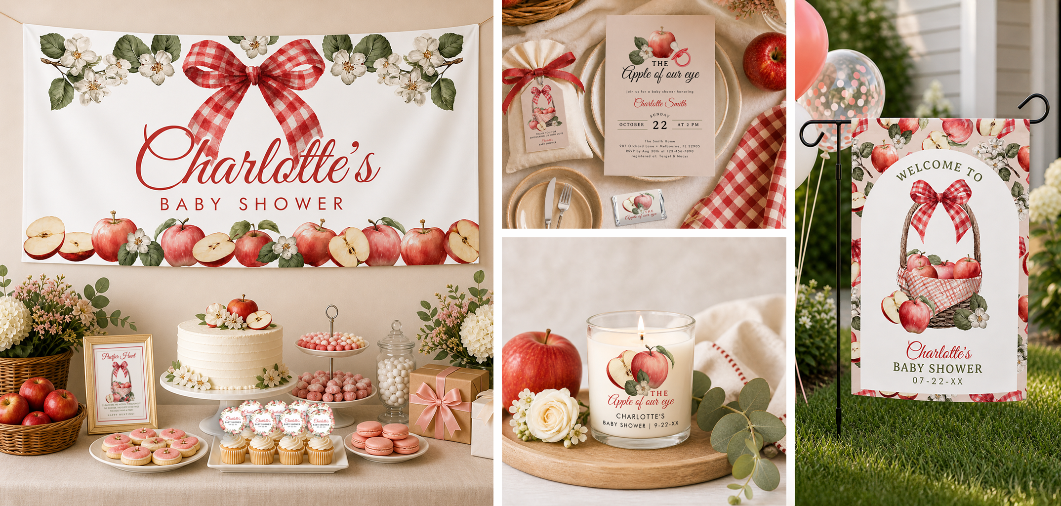 Apple of Our Eye fall baby shower with red gingham, apples, floral décor, invitation, banner, favor, candle, and welcome garden flag.