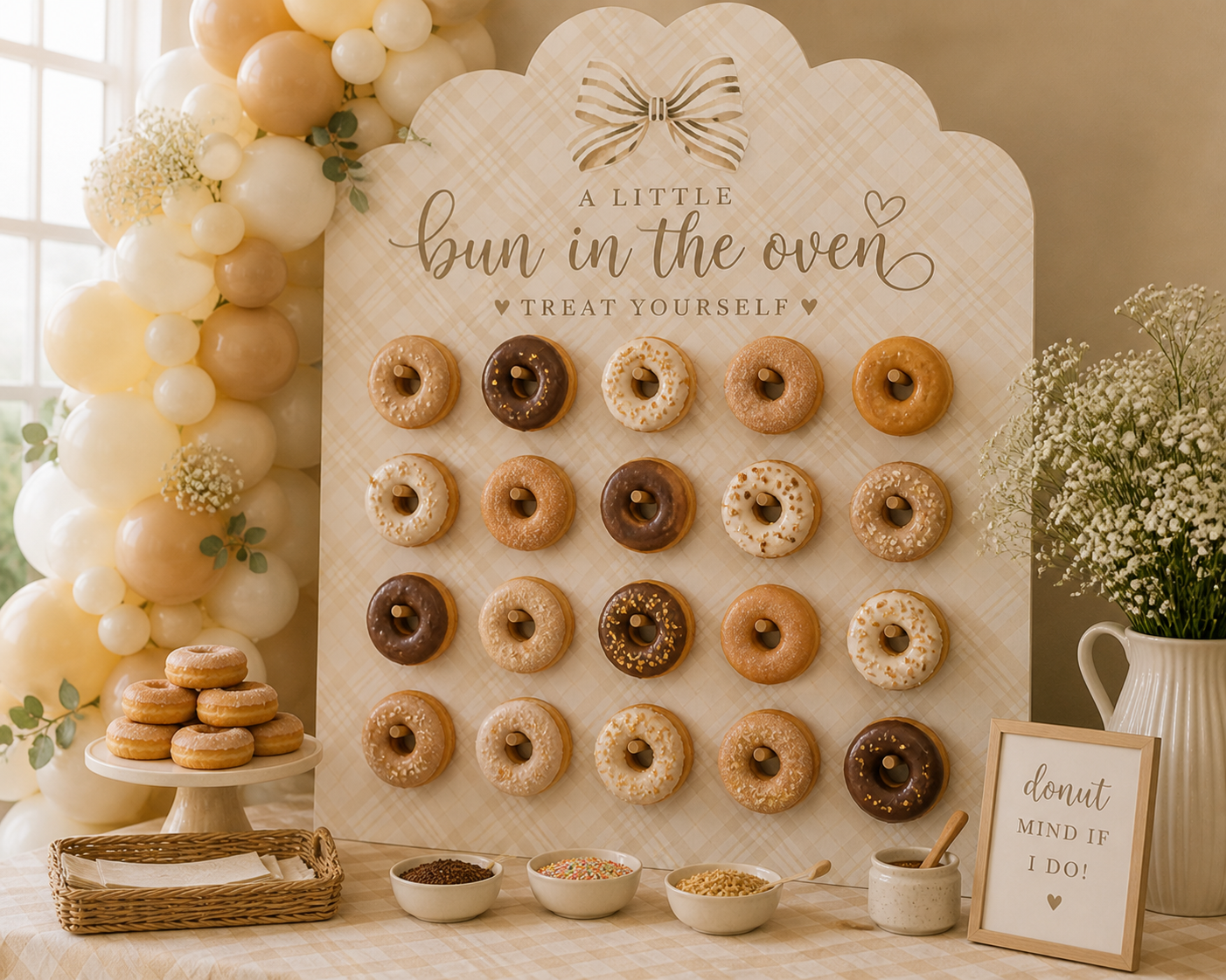 Neutral baby shower donut wall with assorted donuts displayed on pegs, styled with cream and beige balloon décor, soft florals, and warm modern party setup.