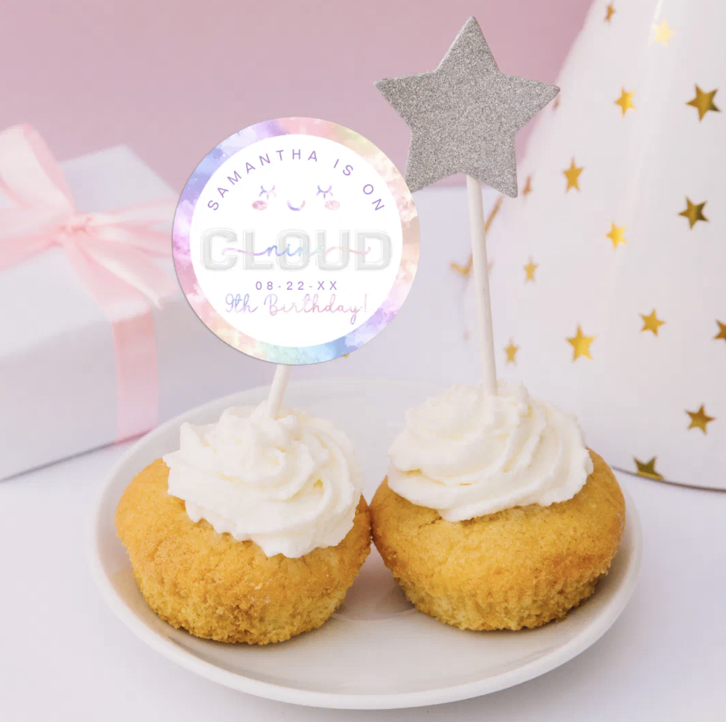 Cloud Nine 9th birthday cupcake toppers with pastel sky party sticker and star decoration on frosted cupcakes
