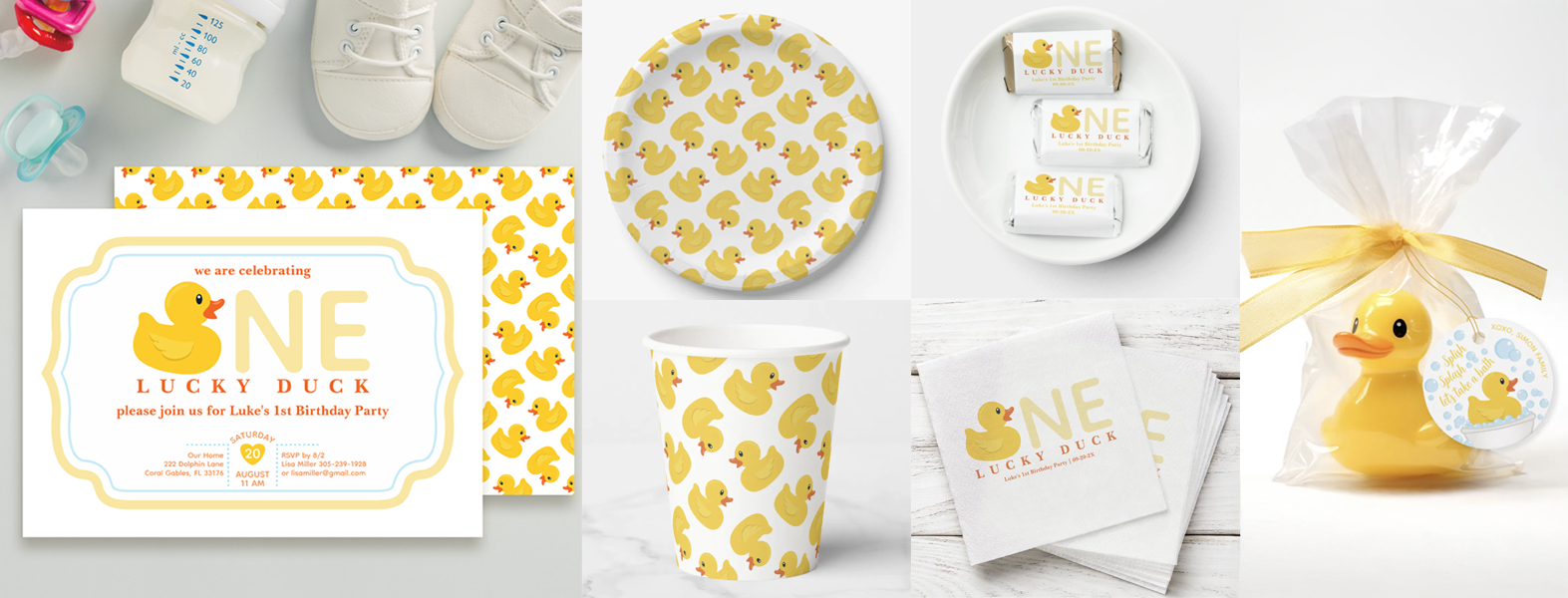 Lucky Duck first birthday party collection featuring a personalized rubber duck invitation, matching paper plates, party cups, napkins, candy wrappers, and duck-themed favor tag for a little boy's first birthday.