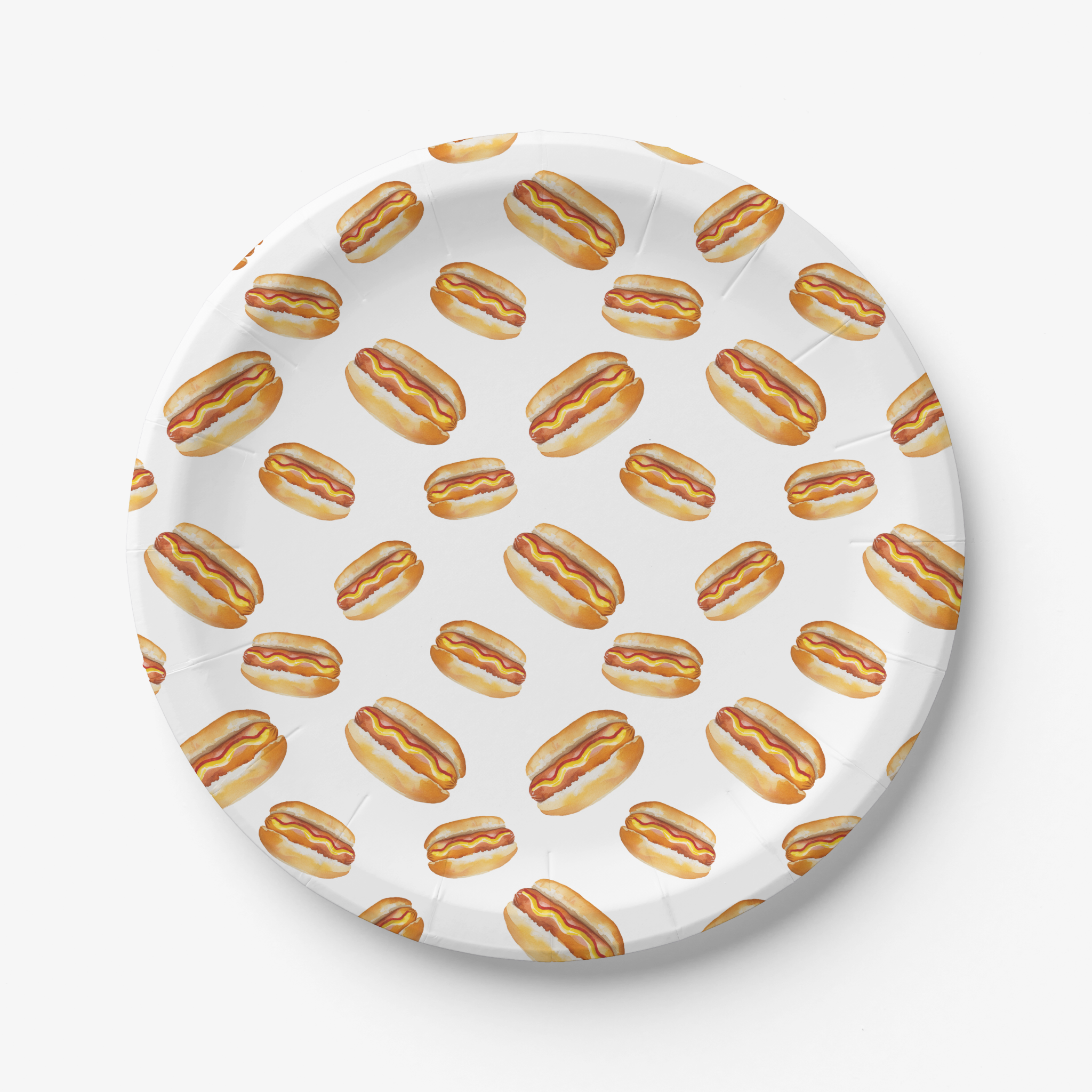 Hot dog pattern paper plates for a BBQ birthday party table
