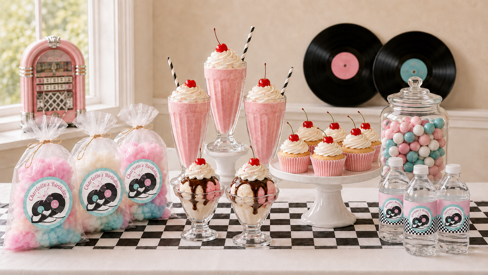 1950s soda-shop dessert table with milkshakes, sundaes, cupcakes, personalized cotton-candy favors, and water bottles.