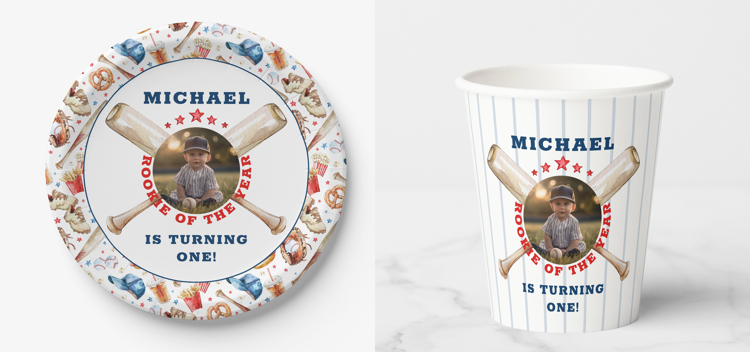 Matching baseball birthday party plates and cups with watercolor design