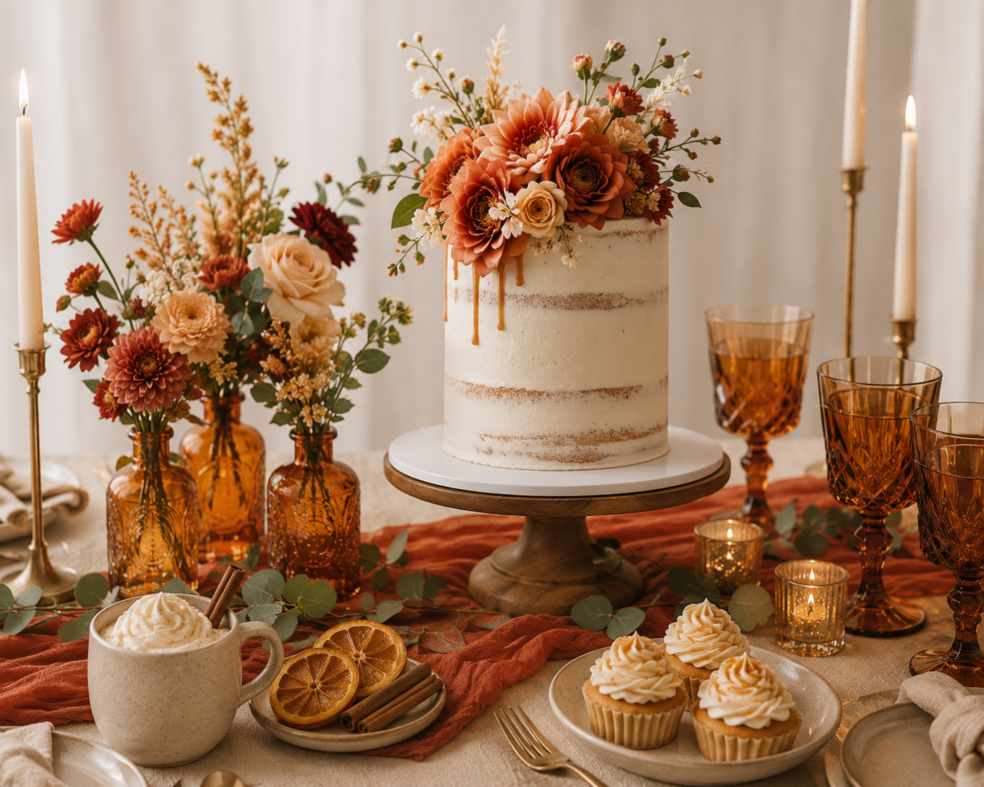 Elegant fall bridal shower dessert and décor table featuring a floral semi-naked cake, amber glass vases, candlelight, dried orange slices, cinnamon sticks, chai latte, cupcakes, and terracotta linens styled in warm autumn colors.