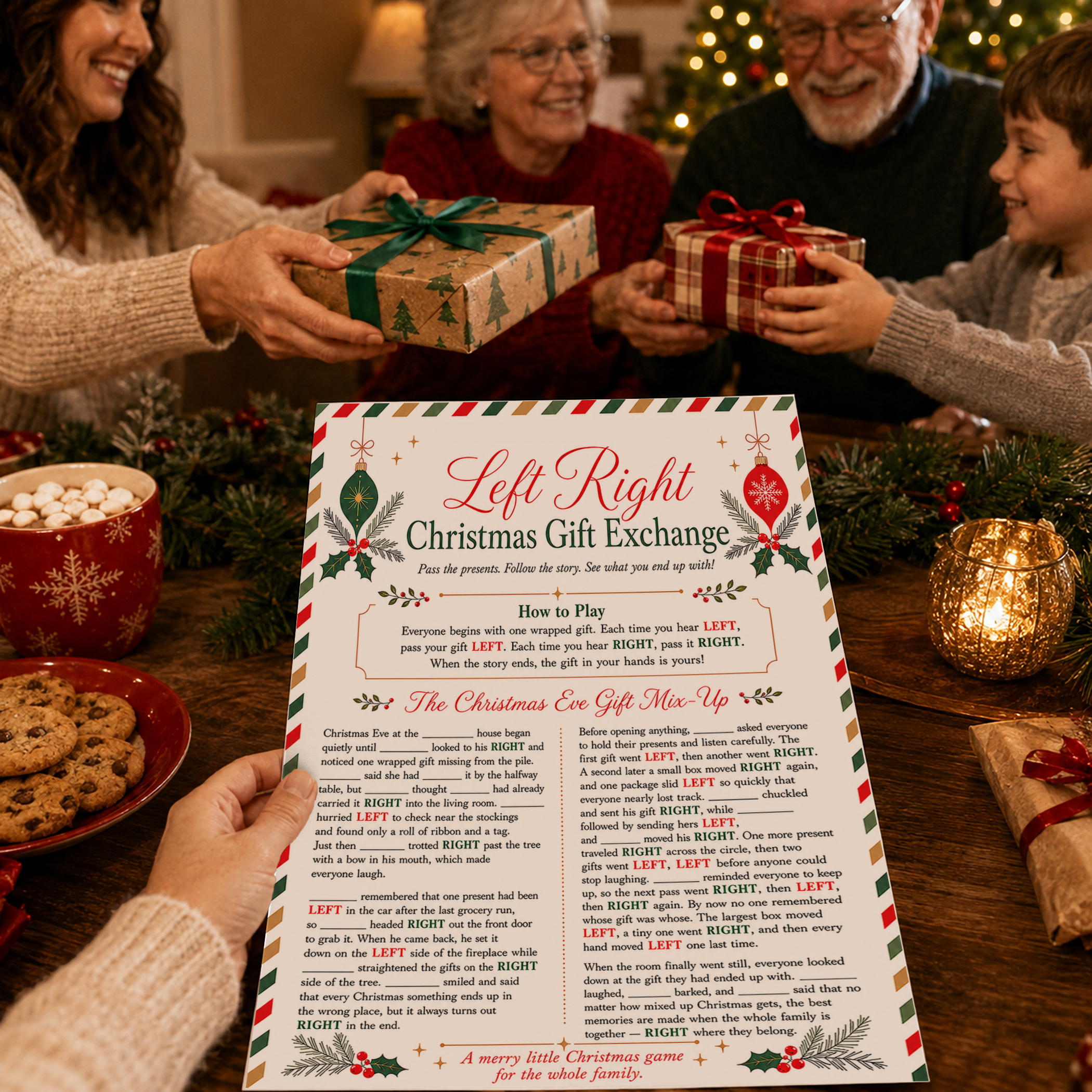 Family playing a Left Right Christmas Gift Exchange game with wrapped presents around a festive holiday table, while a Christmas gift exchange story sheet is held in the foreground beside cookies, hot cocoa, greenery, and candlelight.