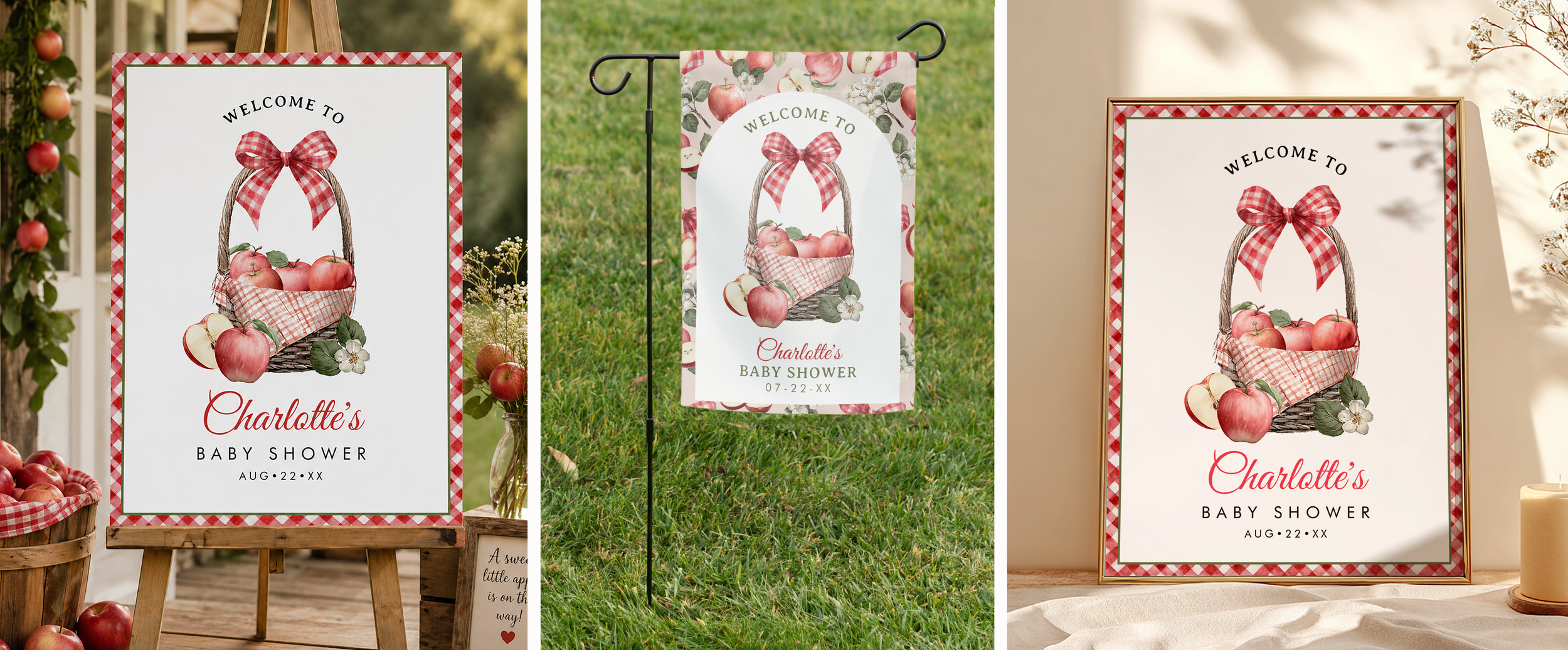 Three Apple of Our Eye baby shower welcome sign options including an easel entrance sign, outdoor garden flag, and framed tabletop sign with apples and red gingham accents.