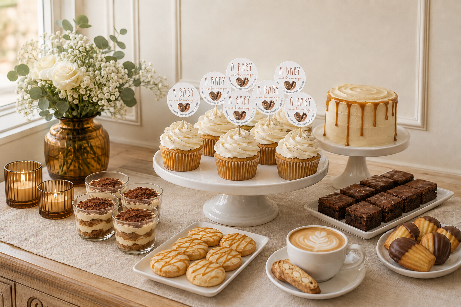 Coffee-themed baby shower dessert table with personalized cupcakes, caramel cake, tiramisu, brownies, cookies, and latte.