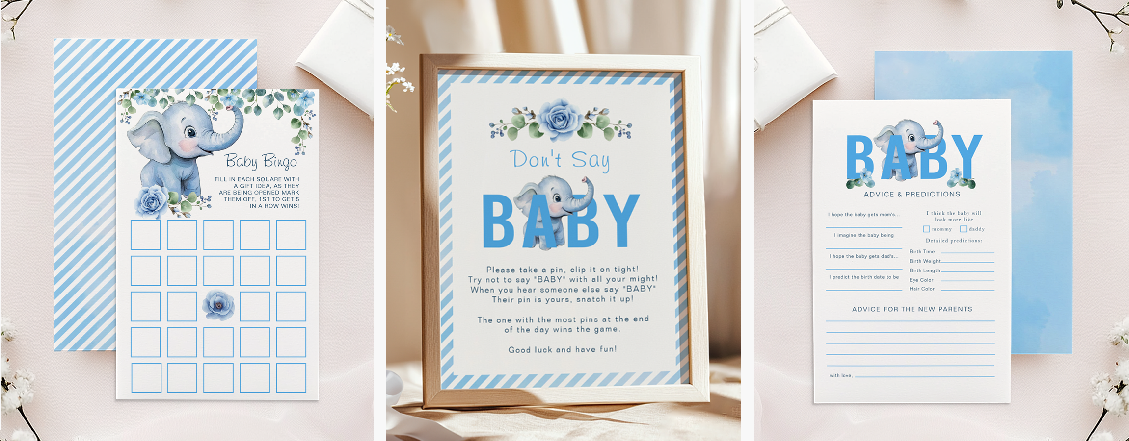 Blue elephant baby shower games and advice cards including baby bingo, don't say baby sign, and prediction cards for baby boy shower