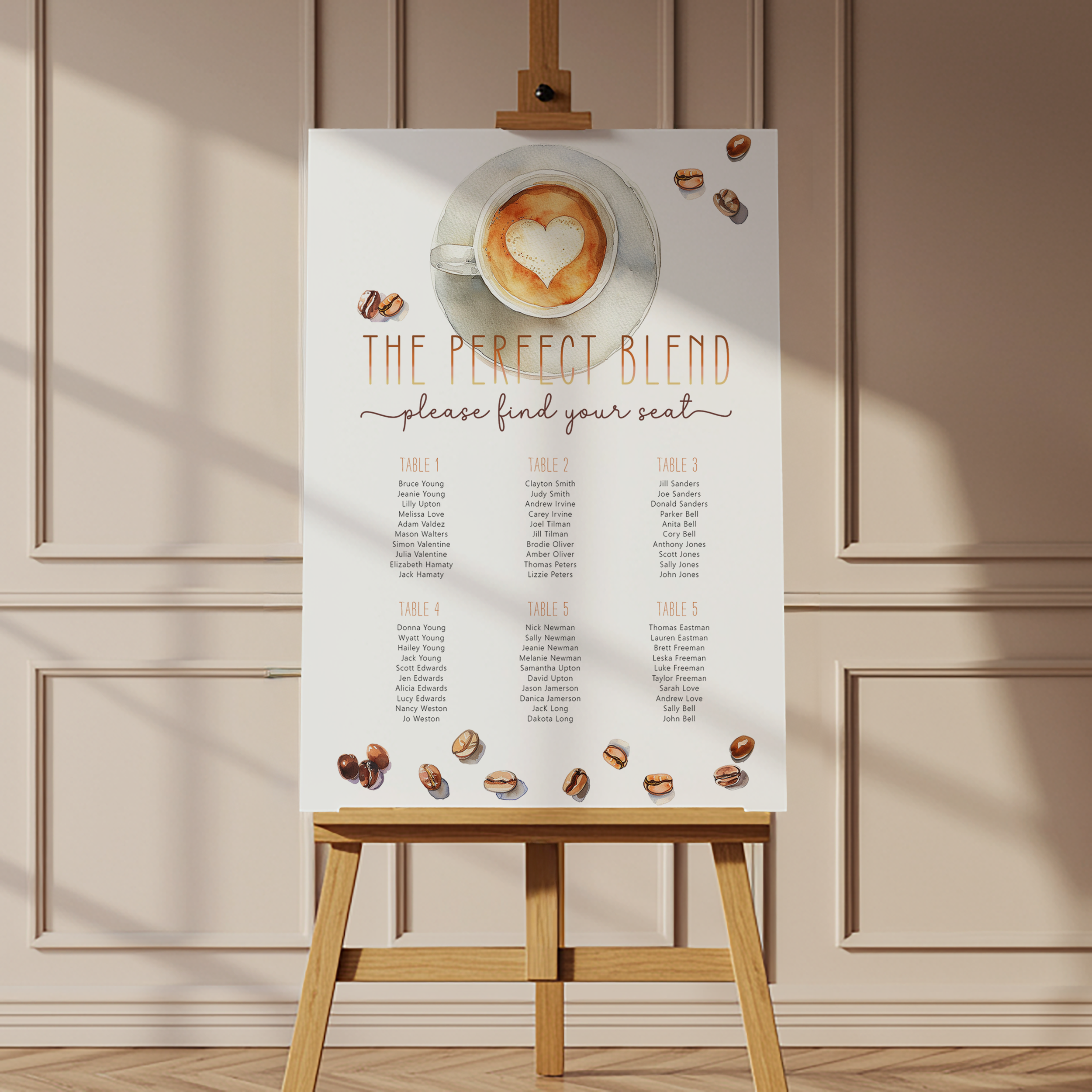 The Perfect Blend coffee bridal shower seating chart sign in neutral tones