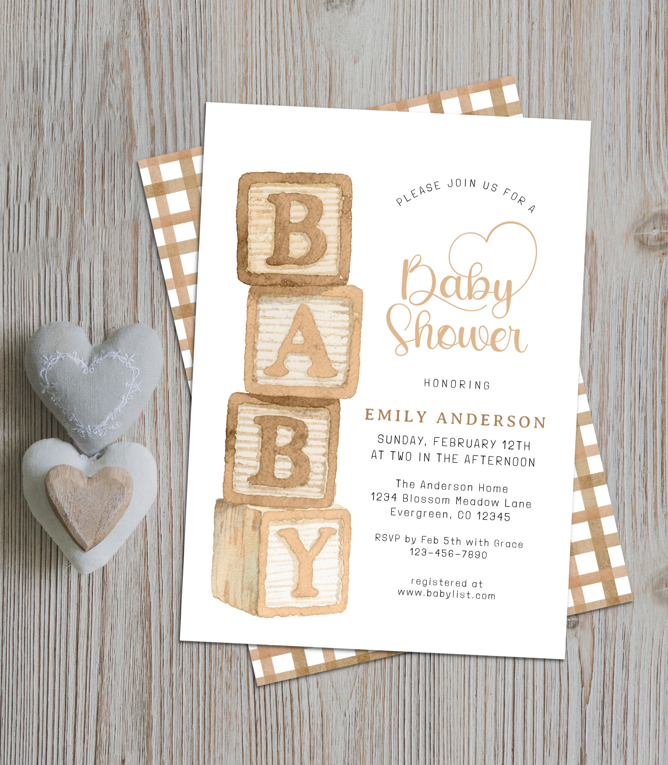 Taupe neutral baby blocks baby shower invitation with watercolor wooden block design and gingham background.