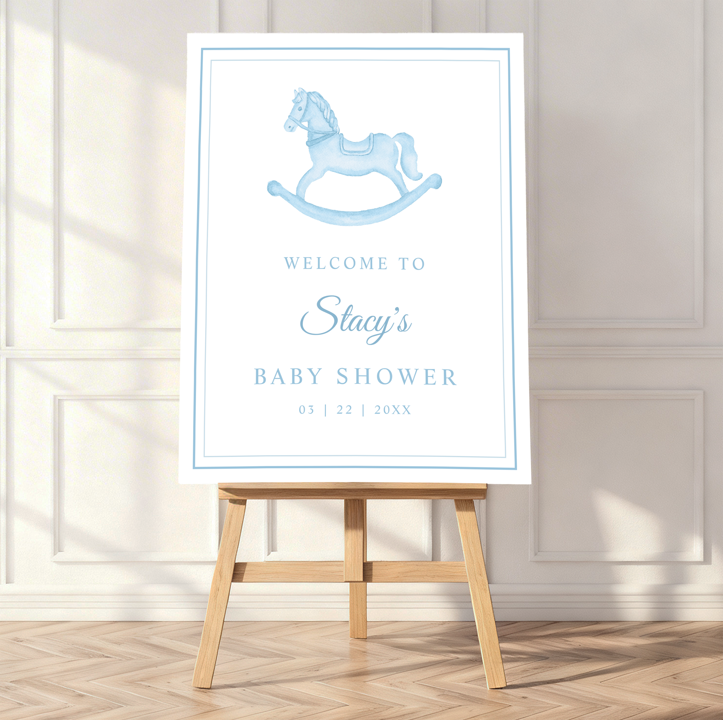 rocking horse baby shower welcome sign blue baby shower decor sign