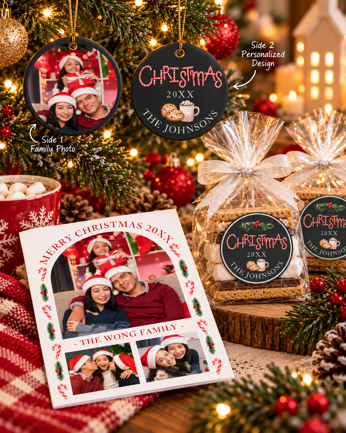 A cozy Christmas pajama party keepsake display showing both sides of a personalized round ornament hanging on a decorated Christmas tree, alongside s’mores favors wrapped in clear bags with matching Christmas favor stickers.