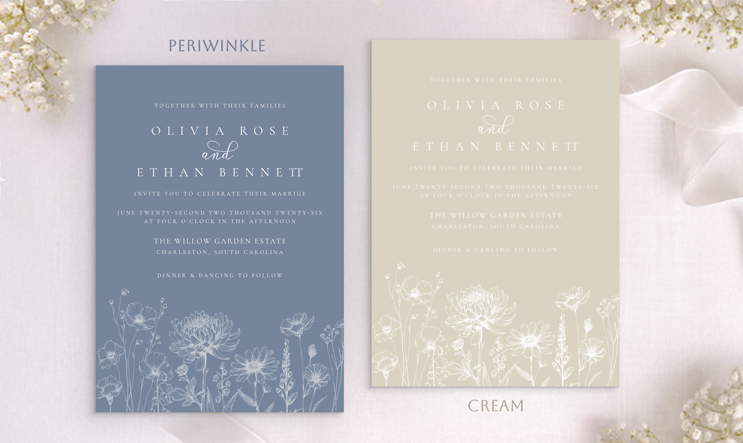 Periwinkle and cream botanical wedding invitations with minimal floral line art in soft neutral tones