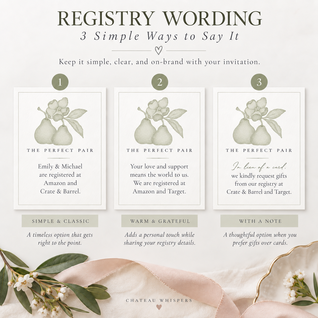Bridal shower registry wording infographic showing three simple examples for how to include registry information on an invitation, with Perfect Pair pear illustrations and elegant sage styling.