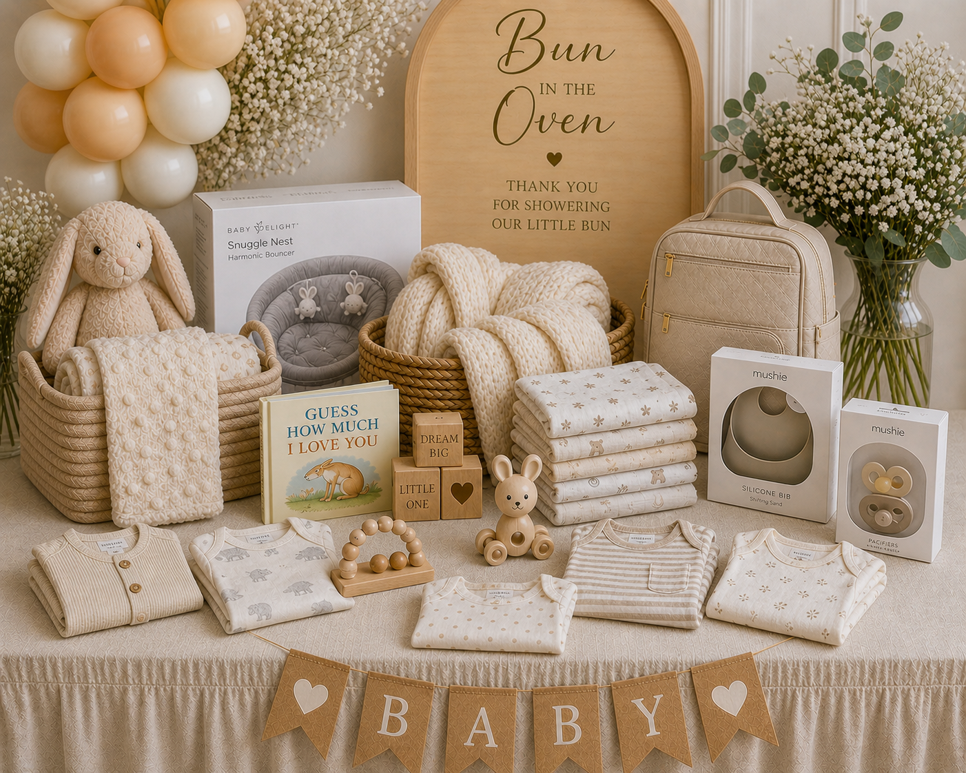 Neutral baby shower display table with unwrapped gifts including receiving blankets, assorted onesies, baby toys, diaper stack, pacifiers in container, and baby bag with soft balloon décor and floral accents.