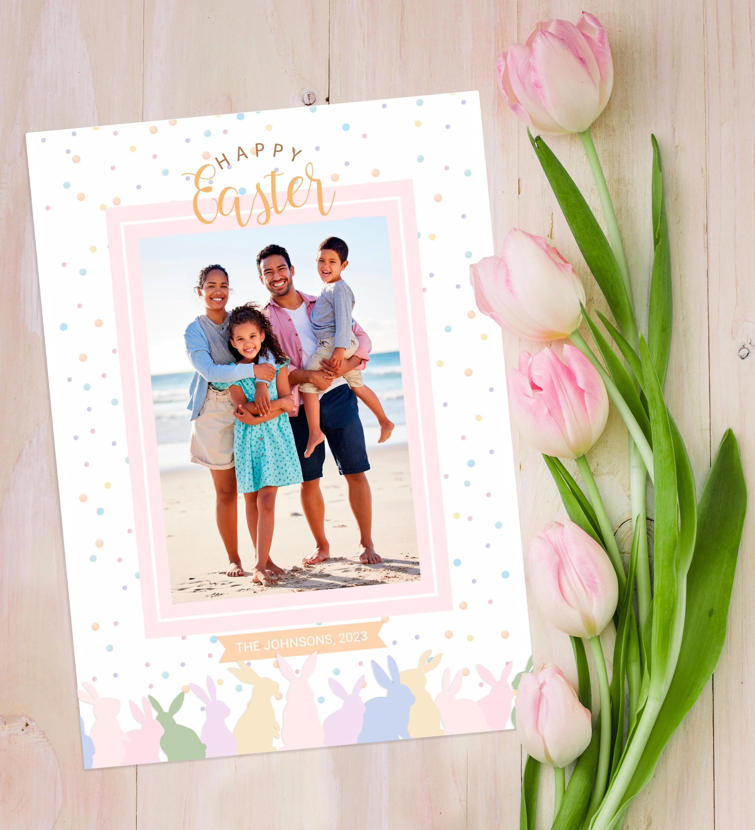 Happy Easter family photo card with pastel bunny border design.